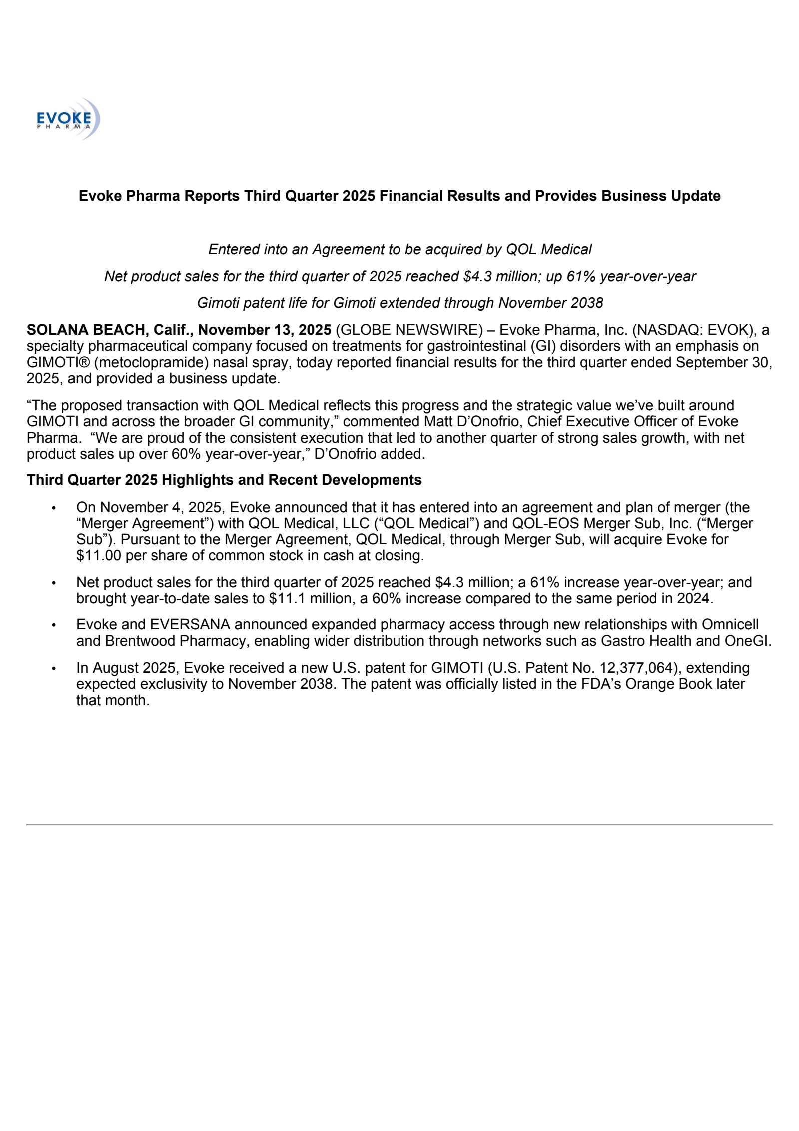 Evoke Pharma's Q3 2025 Earnings Release