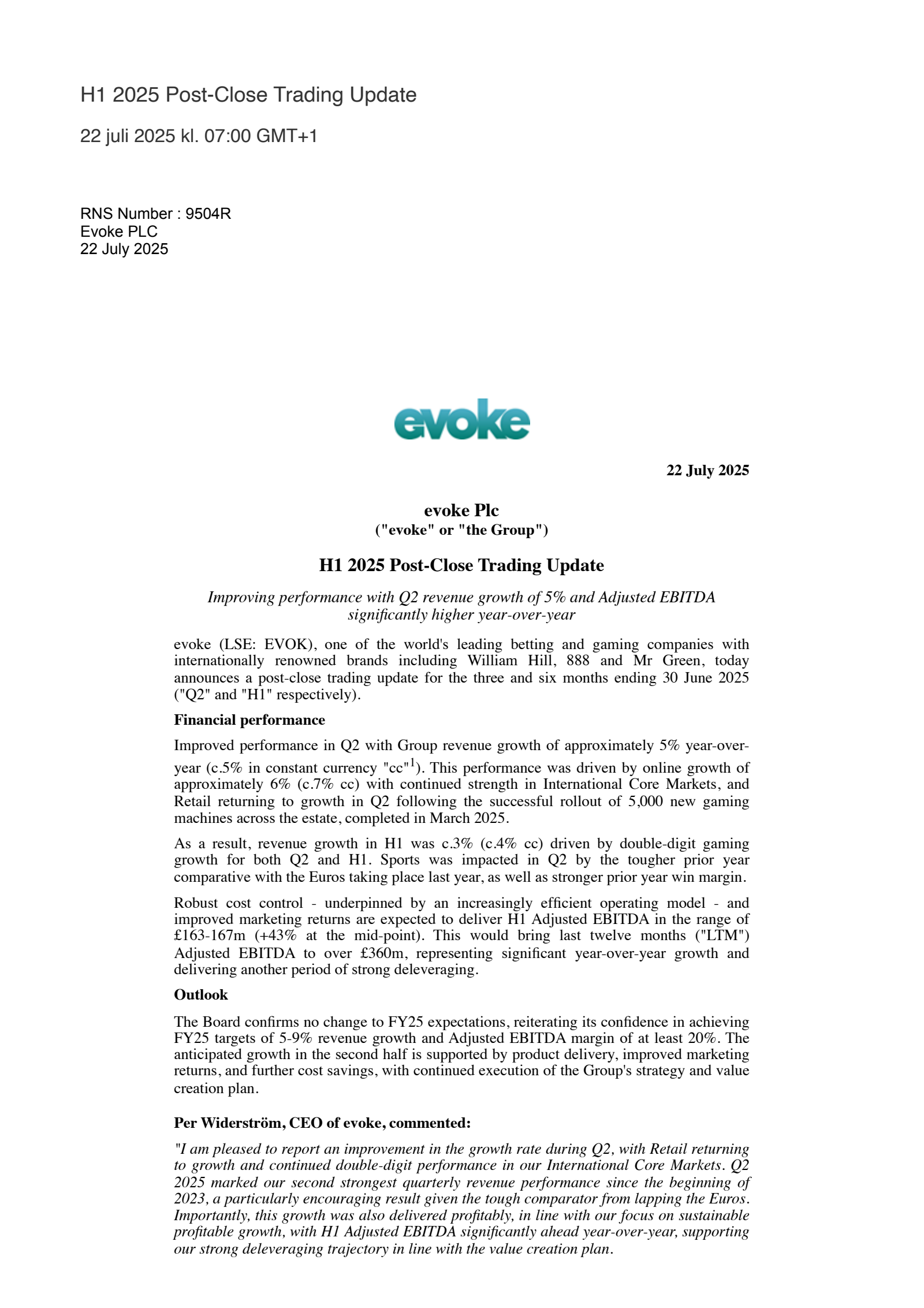 Evoke's H1 2025 TU Press Release