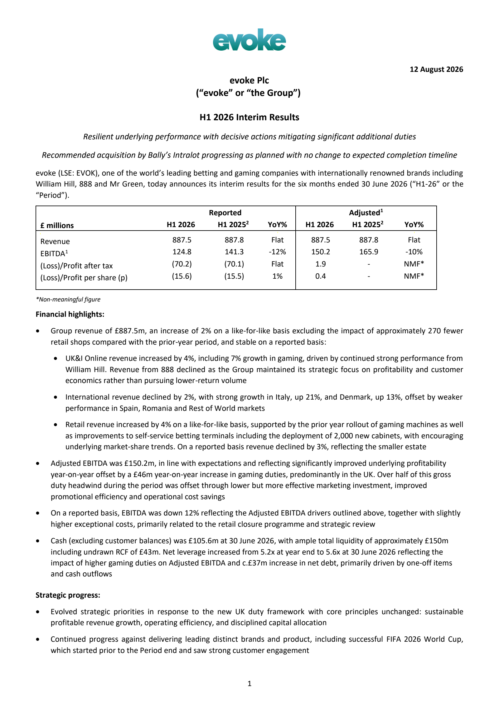 Evoke's H1 2026 Interim report