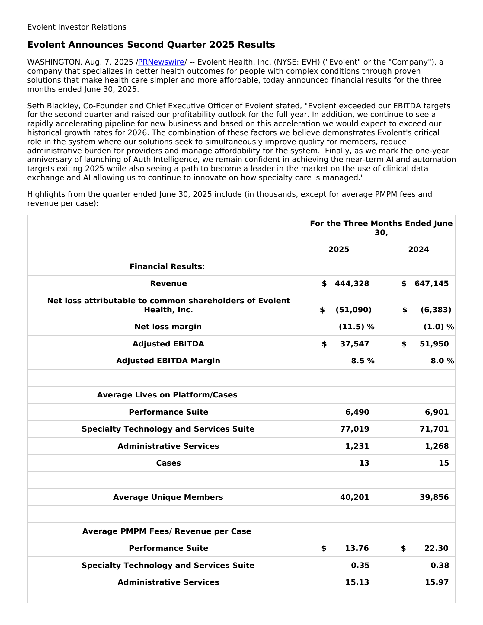 Evolent Health's Q2 2025 Press Release