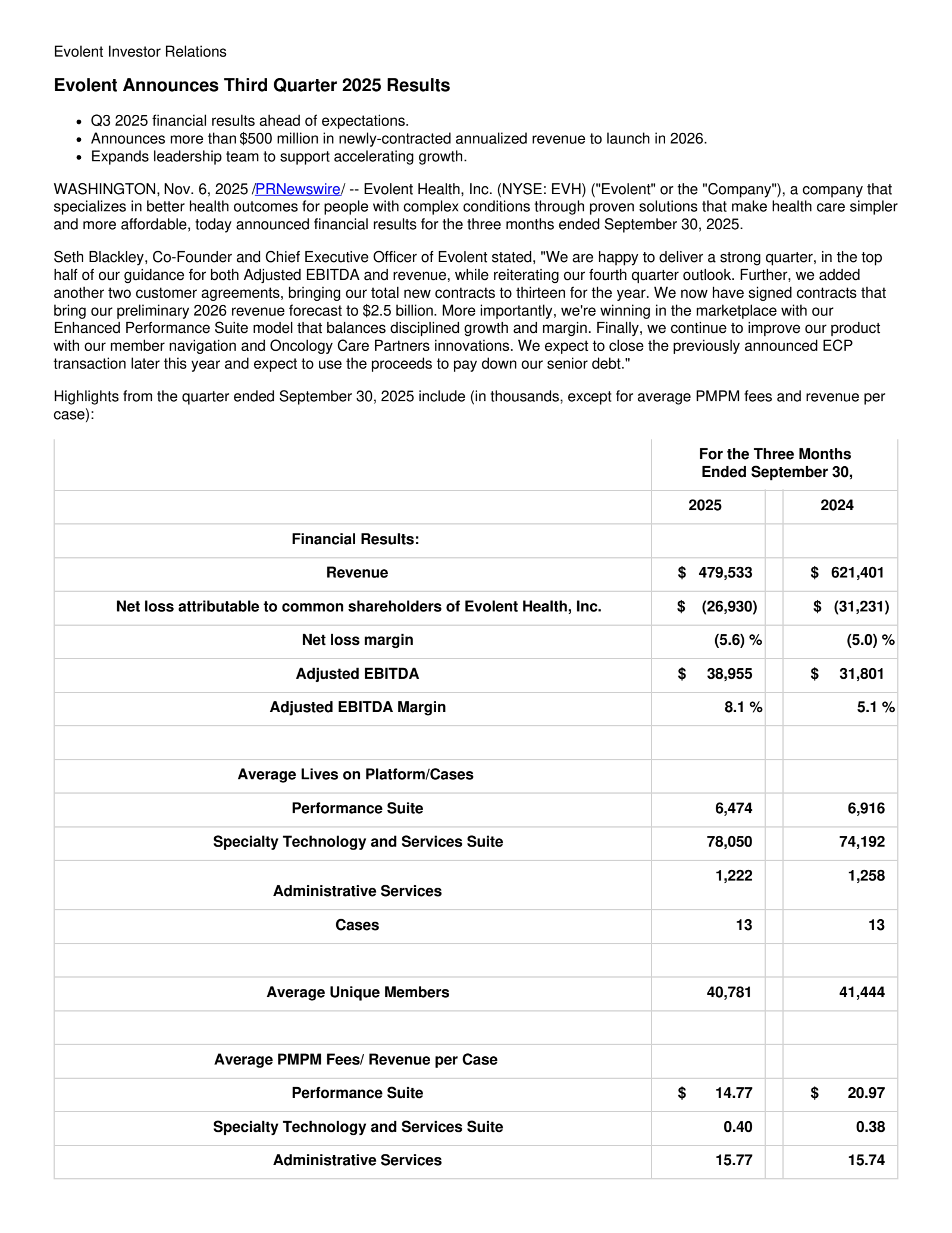 Evolent Health's Q3 2025 Earnings Release