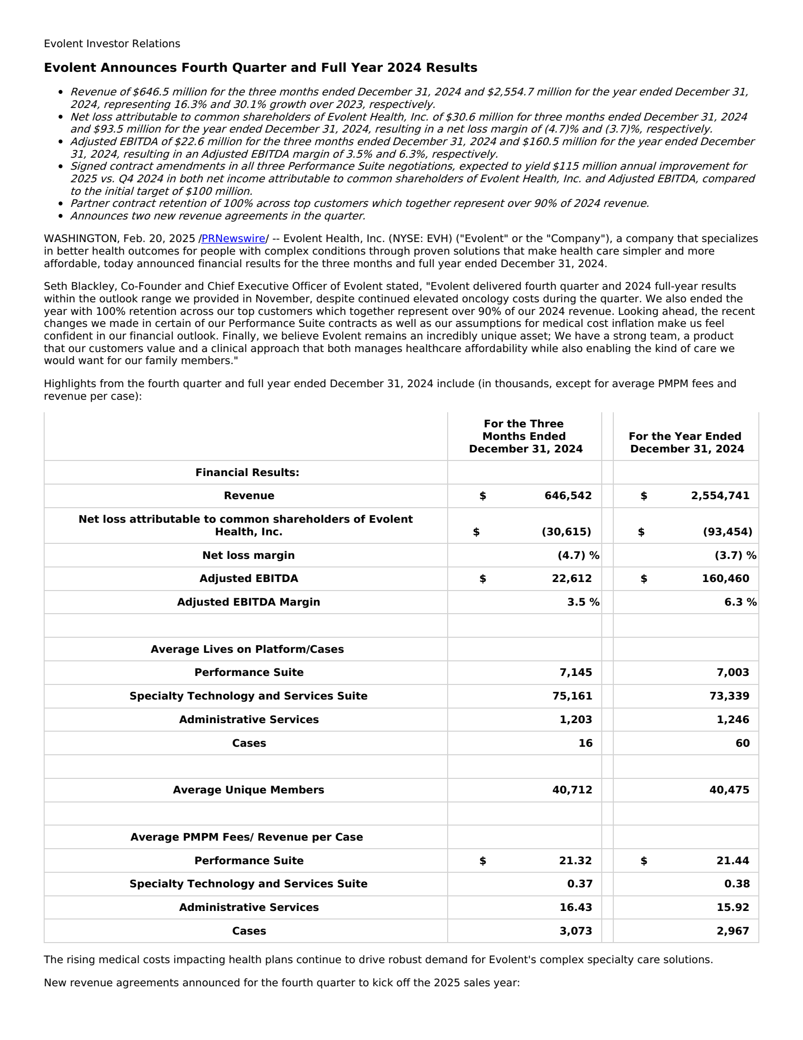 Evolent Health's Q4 2024 Press Release