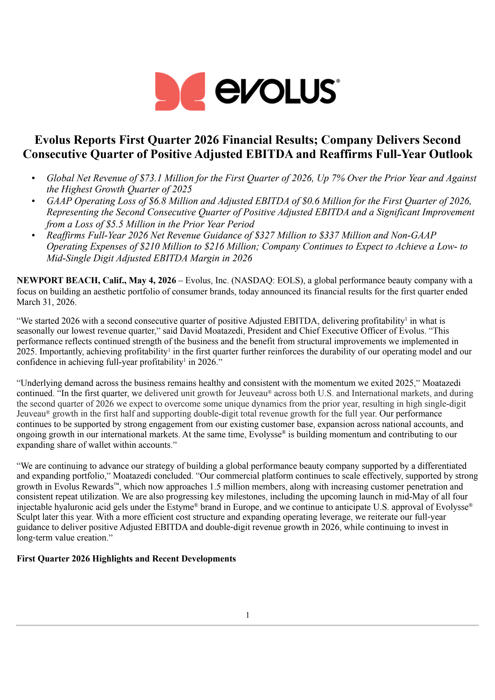 Evolus' Q1 2026 Press Release