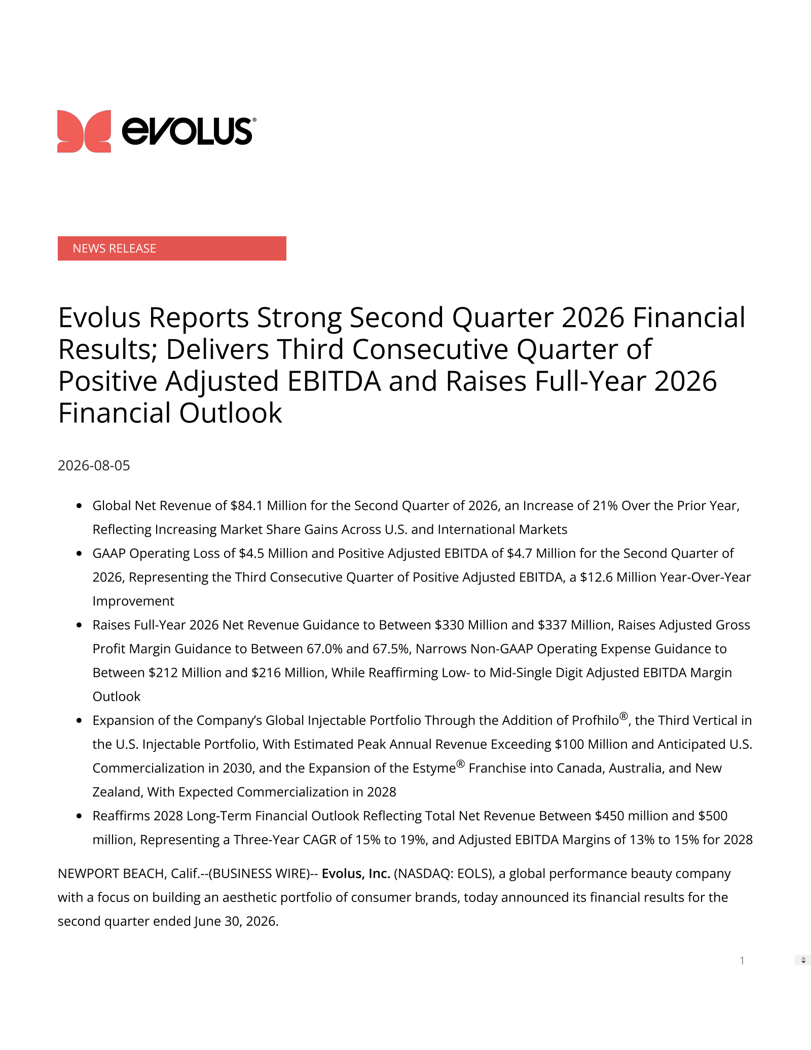 Evolus' Q2 2026 Press Release