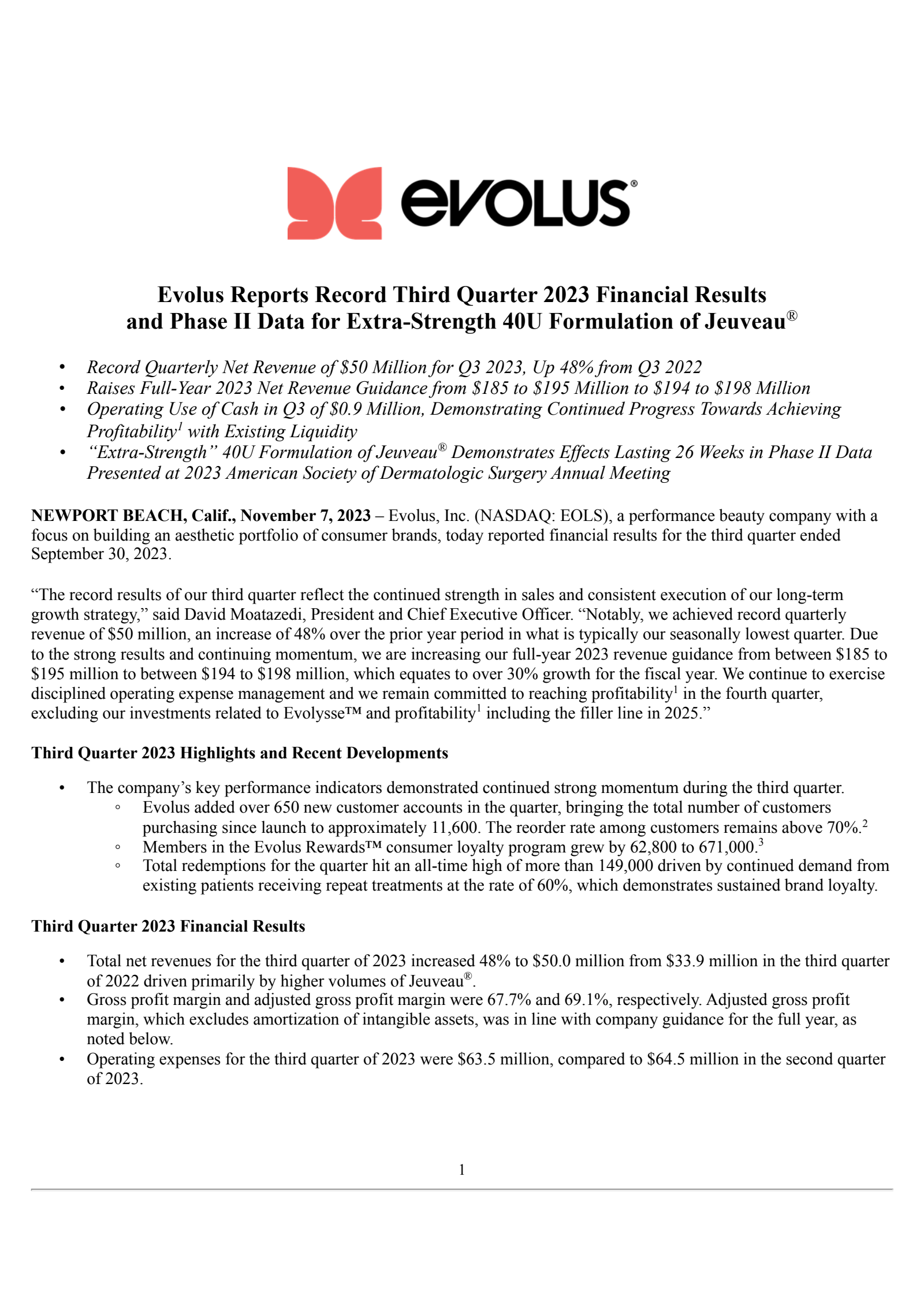 Evolus' Q3 2023 Press Release