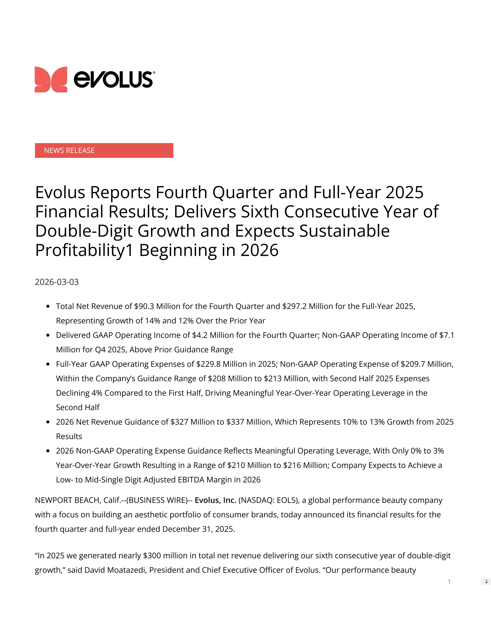 Evolus' Q4 2025 Press Release