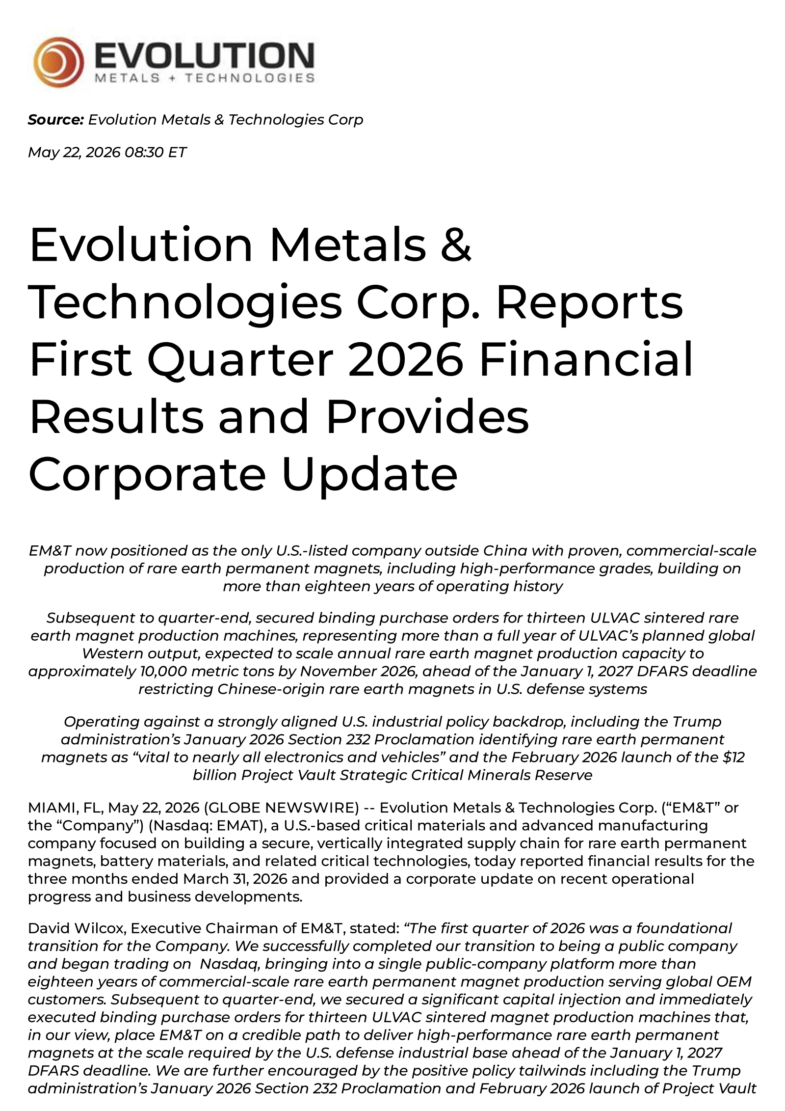 Welsbach Technology Metals Acquisition's Q1 2026 Press Release