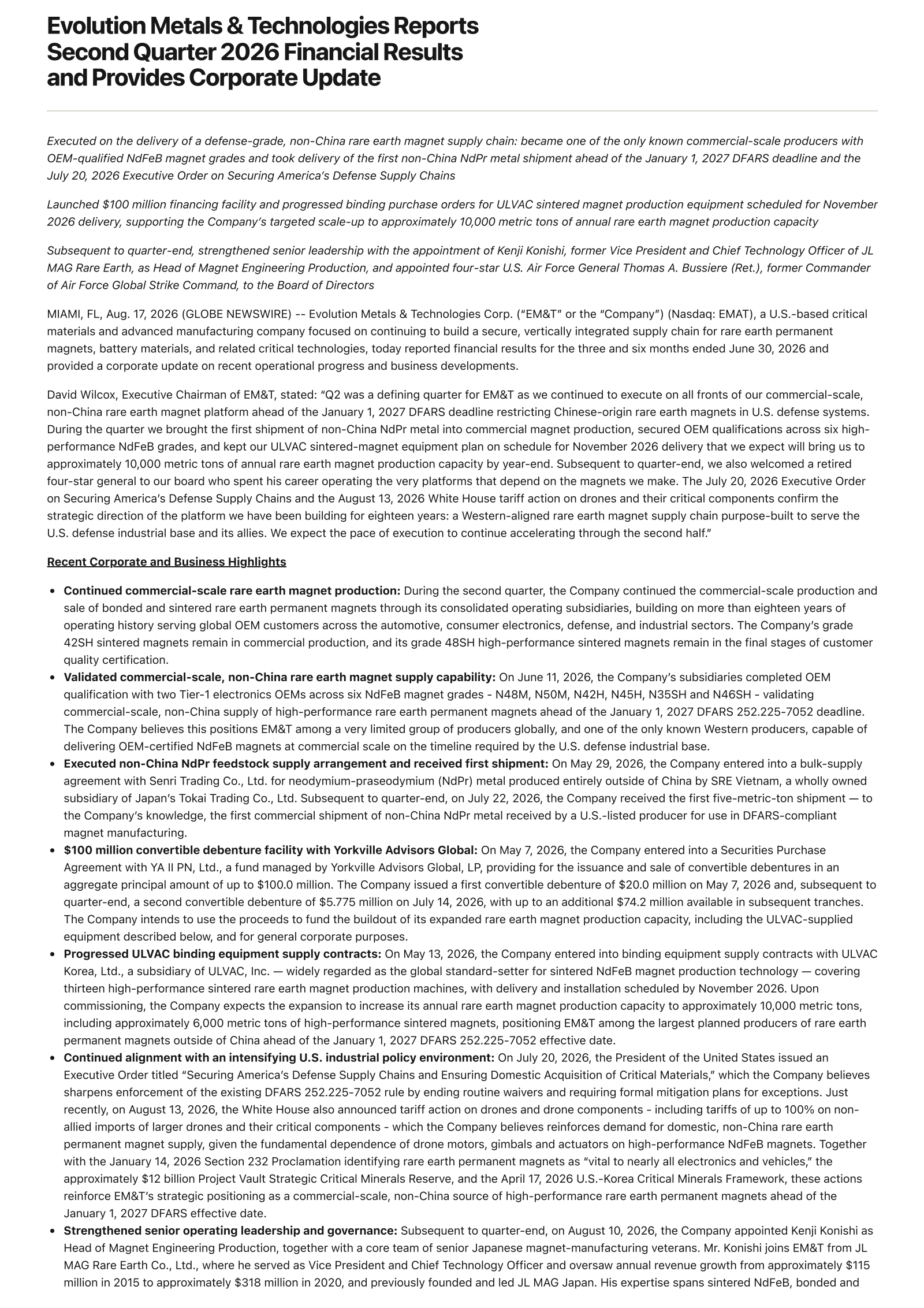 Welsbach Technology Metals Acquisition's Q2 2026 Press Release