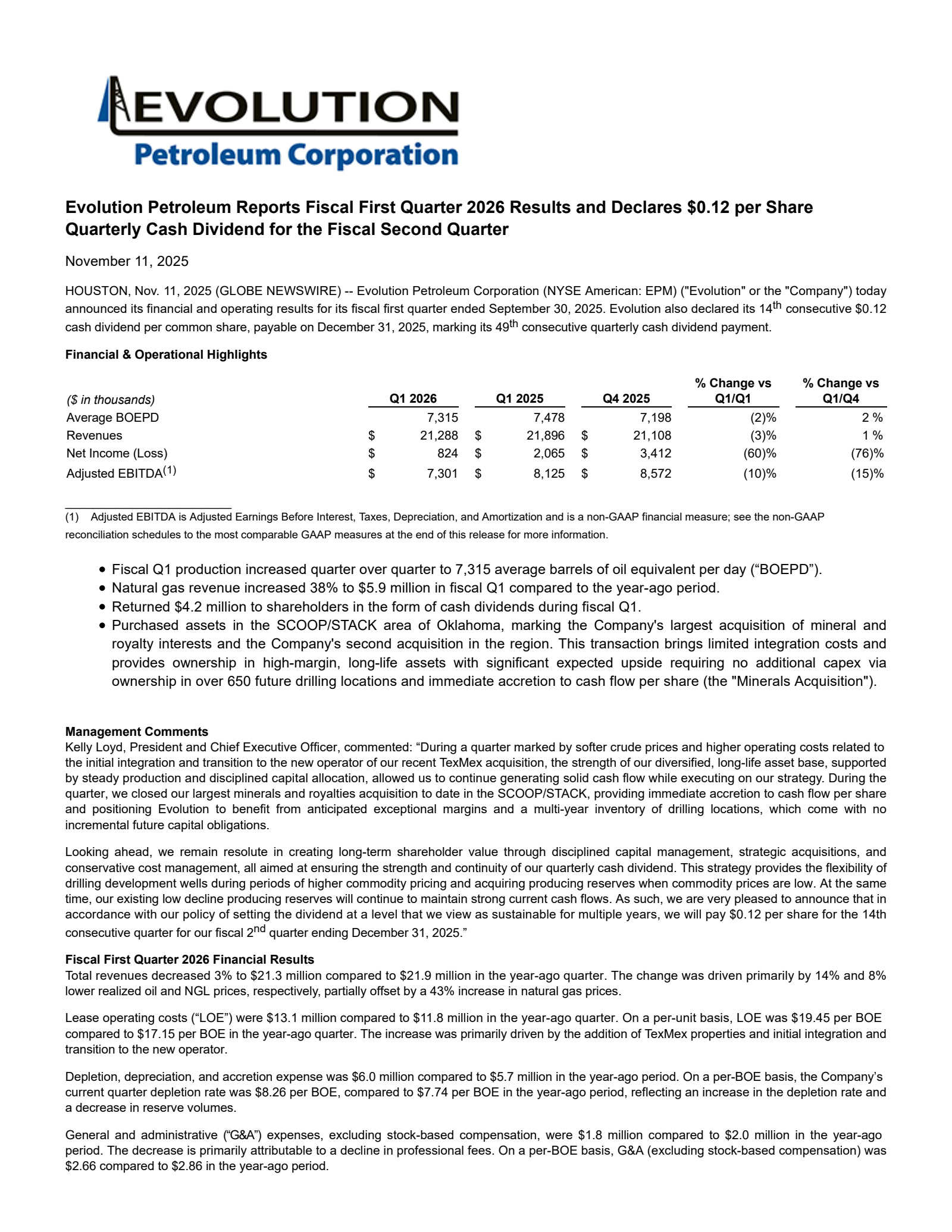 EPM Q1 2026 Earnings Report on 11/12/2025