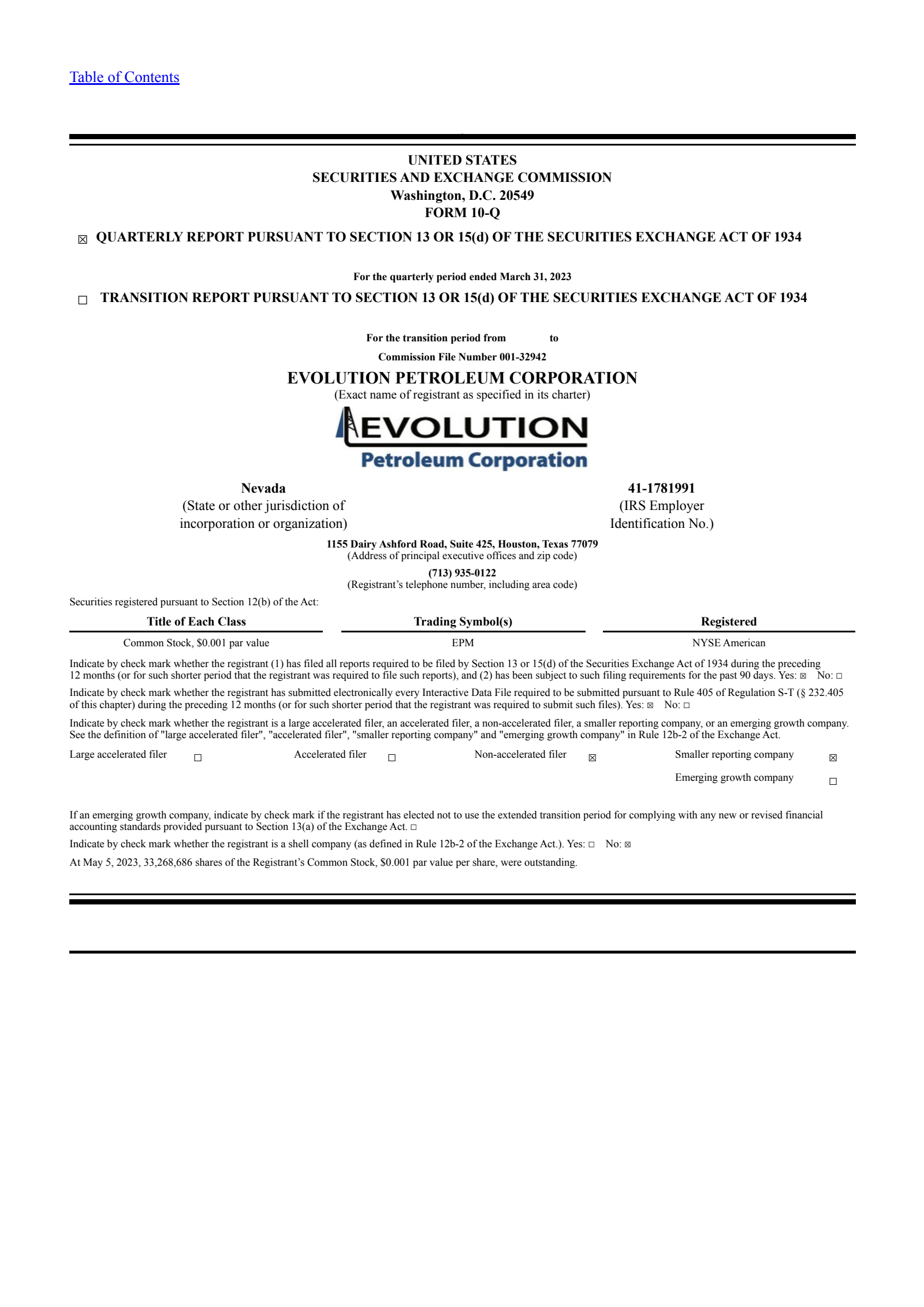 Evolution Petroleum's Q3 2023 Quarterly report
