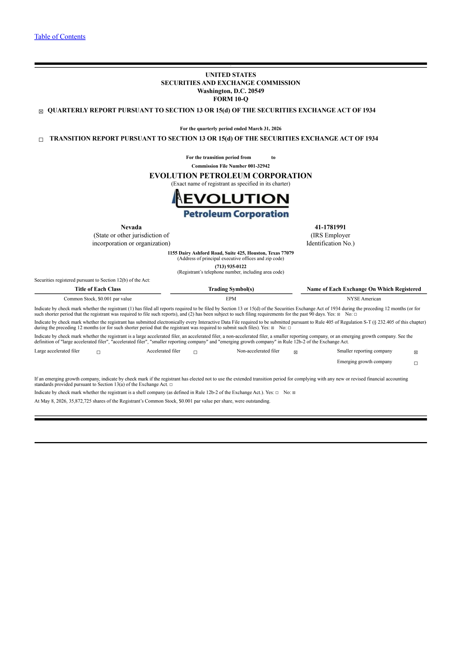 Evolution Petroleum's Q3 2026 Quarterly report