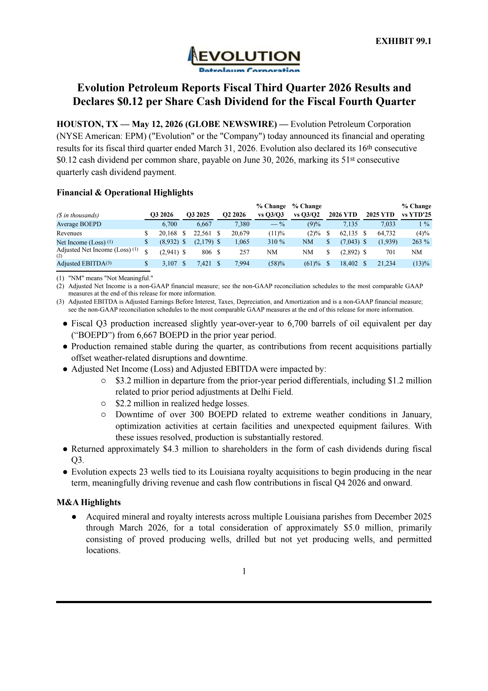Evolution Petroleum's Q3 2026 Press Release