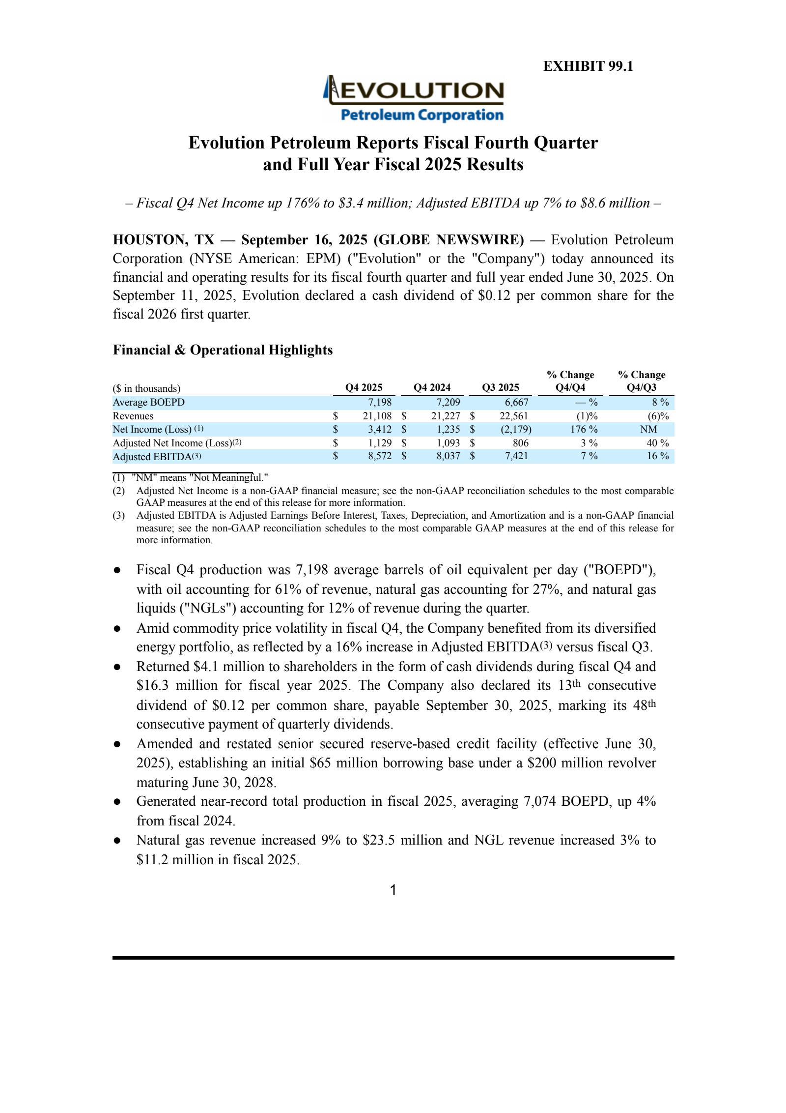 Evolution Petroleum's Q4 2025 Earnings Release
