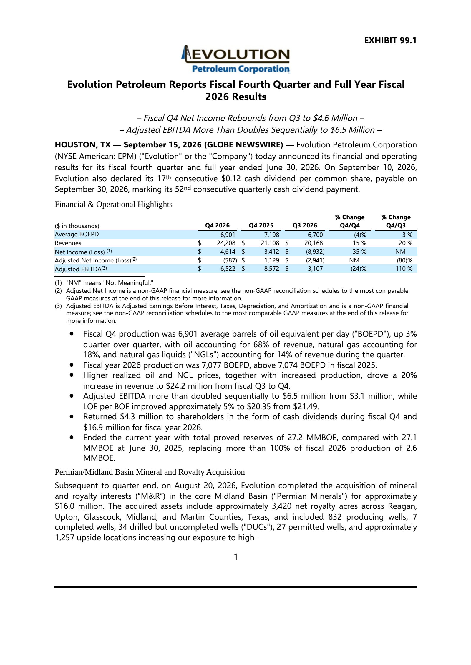 Evolution Petroleum's Q4 2026 Press Release