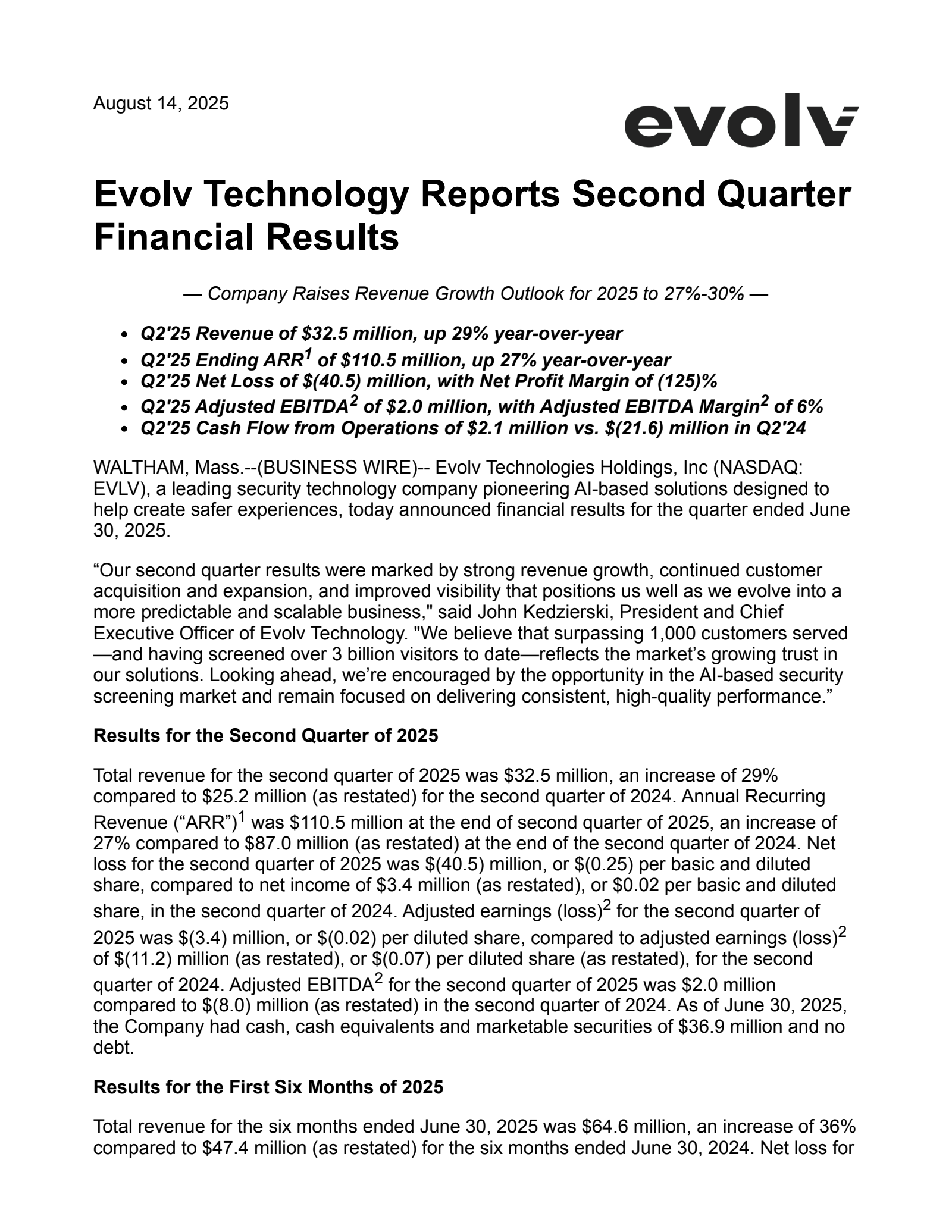 Evolv Technologies' Q2 2025 Press Release