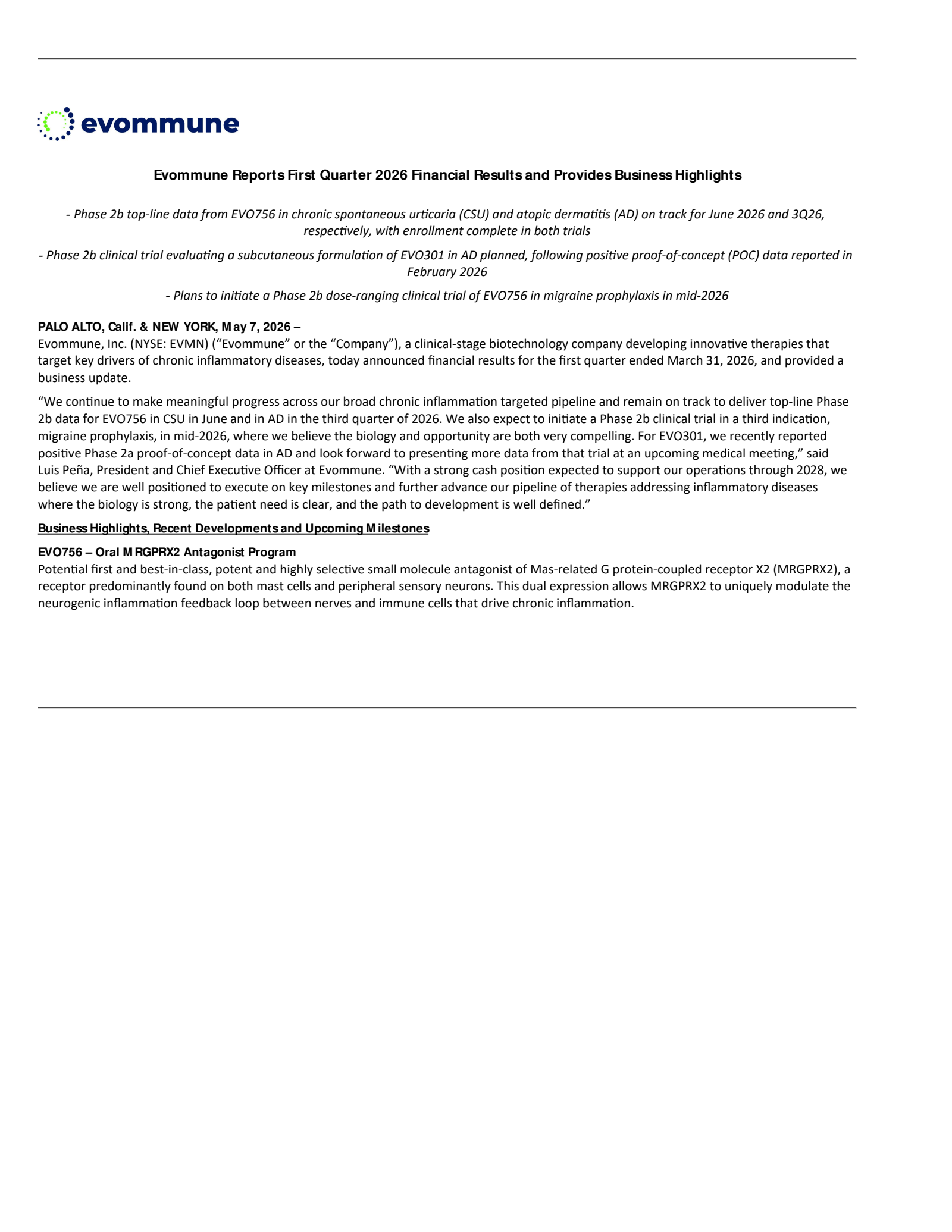 Evommune's Q1 2026 Press Release