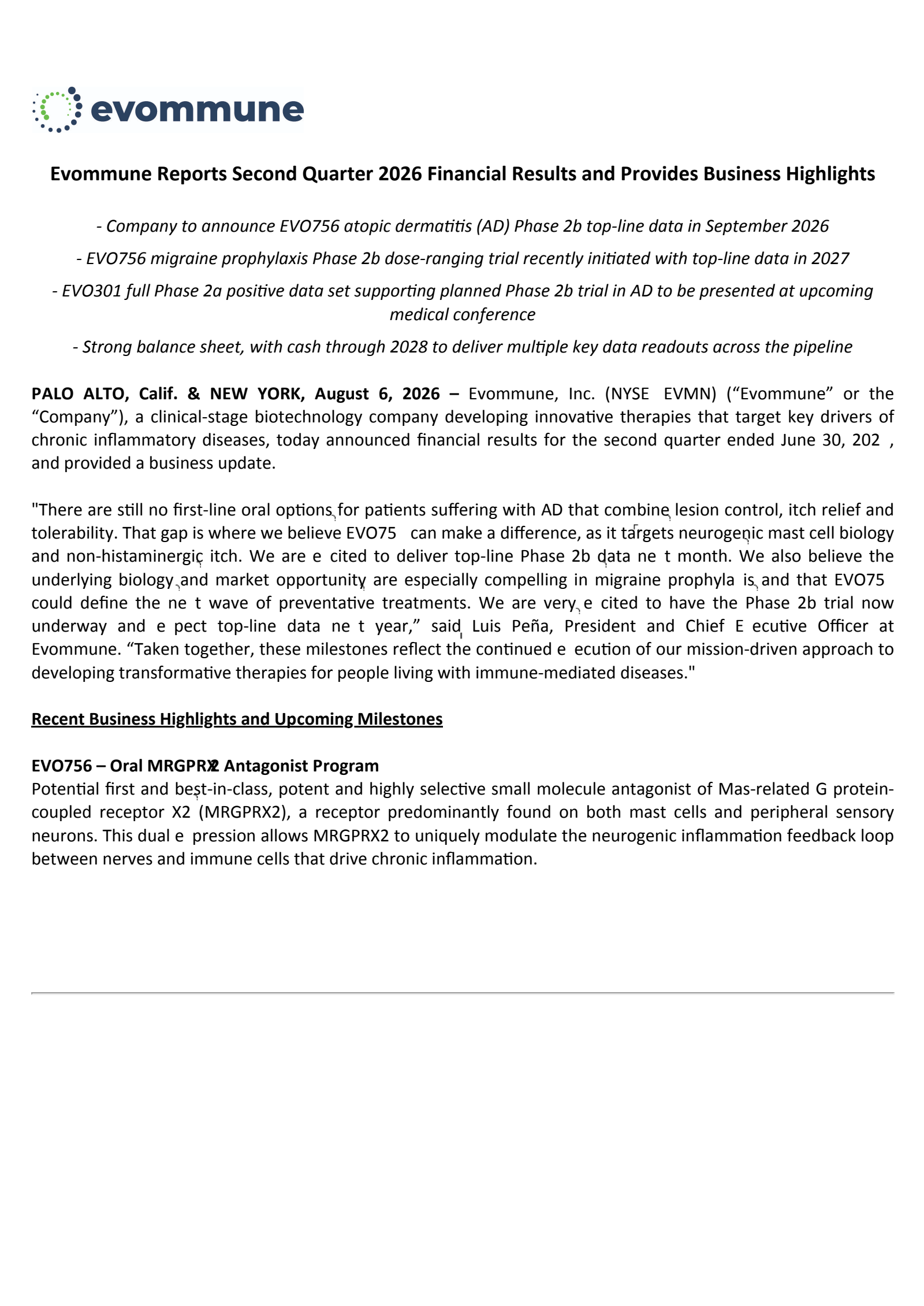 Evommune's Q2 2026 Press Release