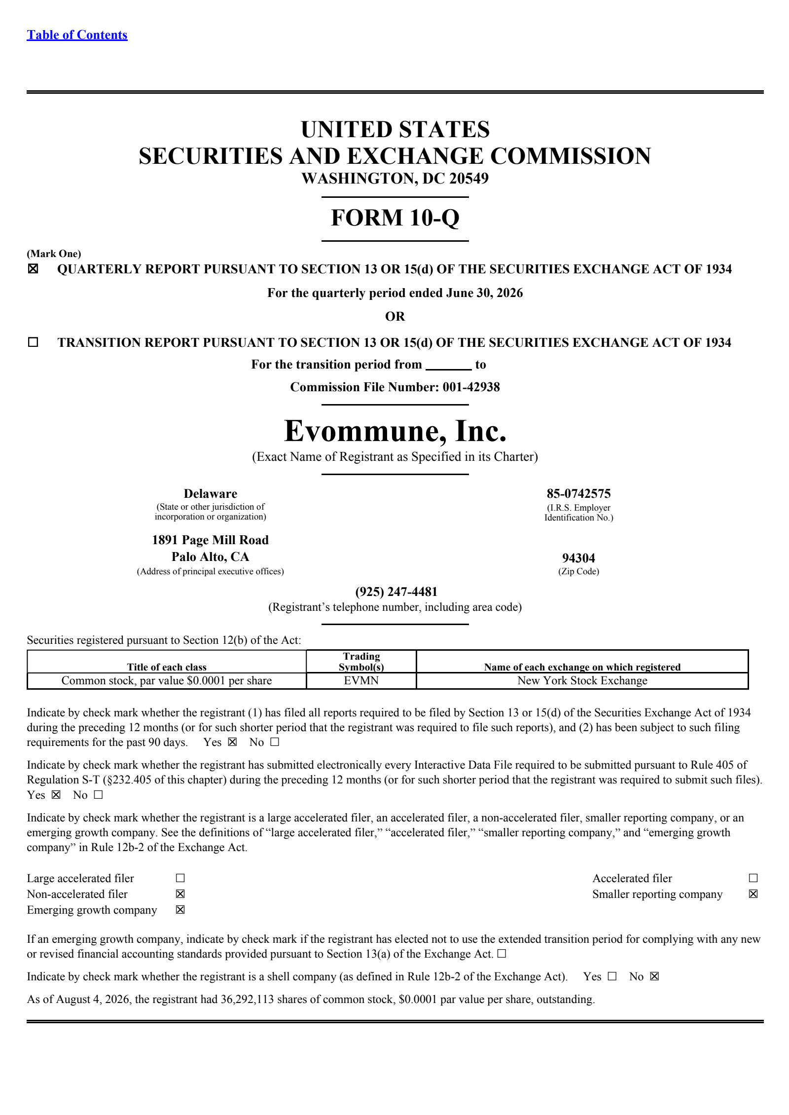 Evommune's Q2 2026 Quarterly report