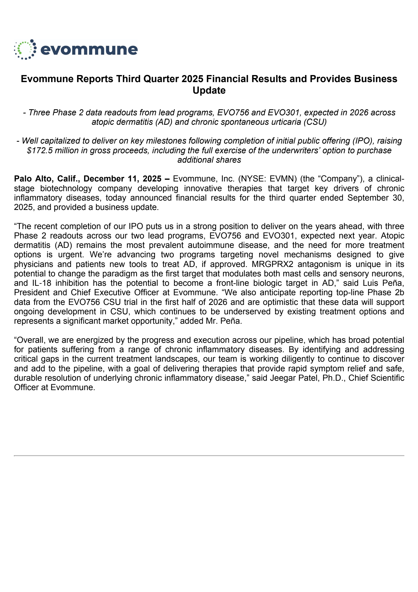 Evommune's Q3 2025 Earnings Release