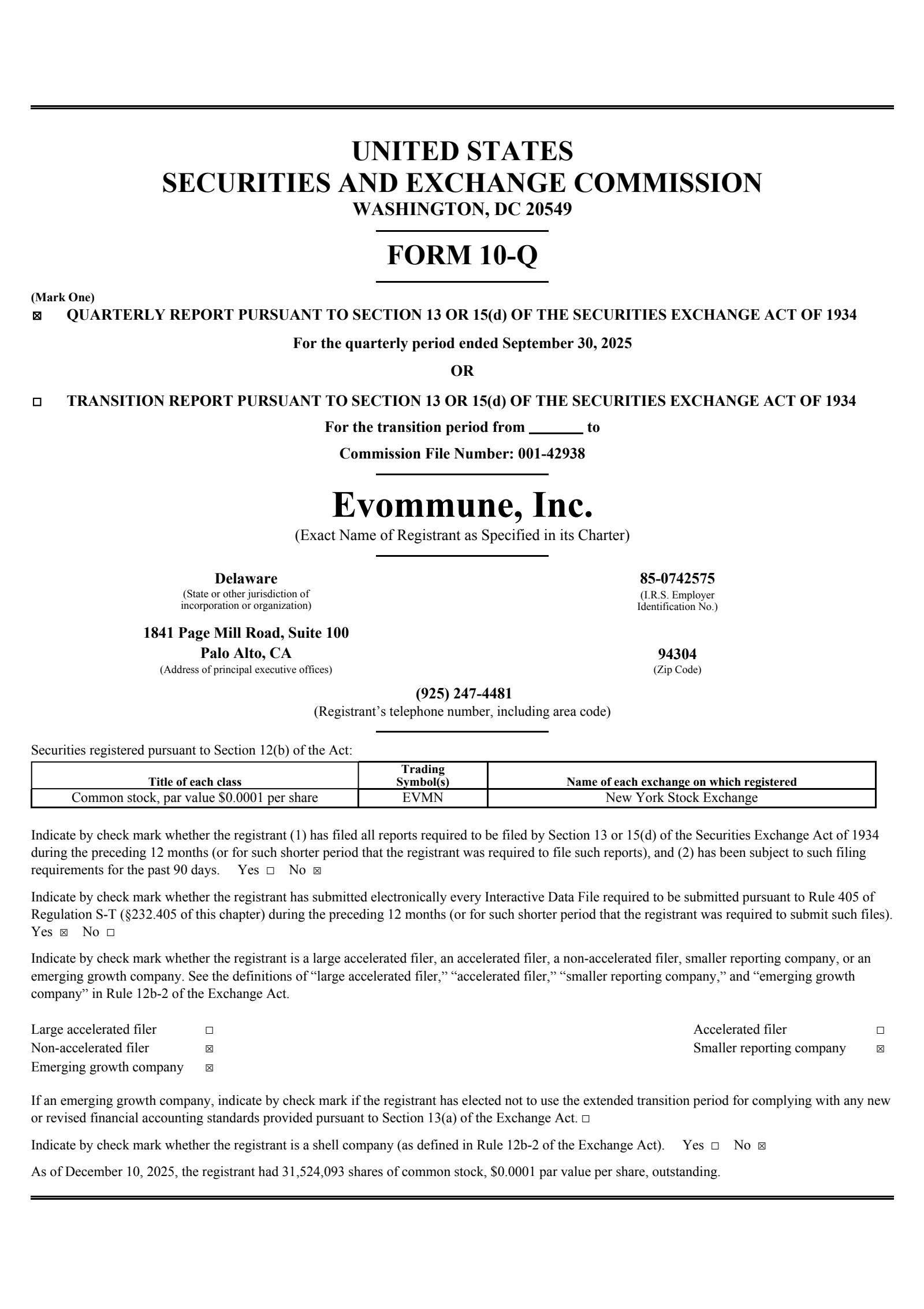 Evommune's Q3 2025 Quarterly Report