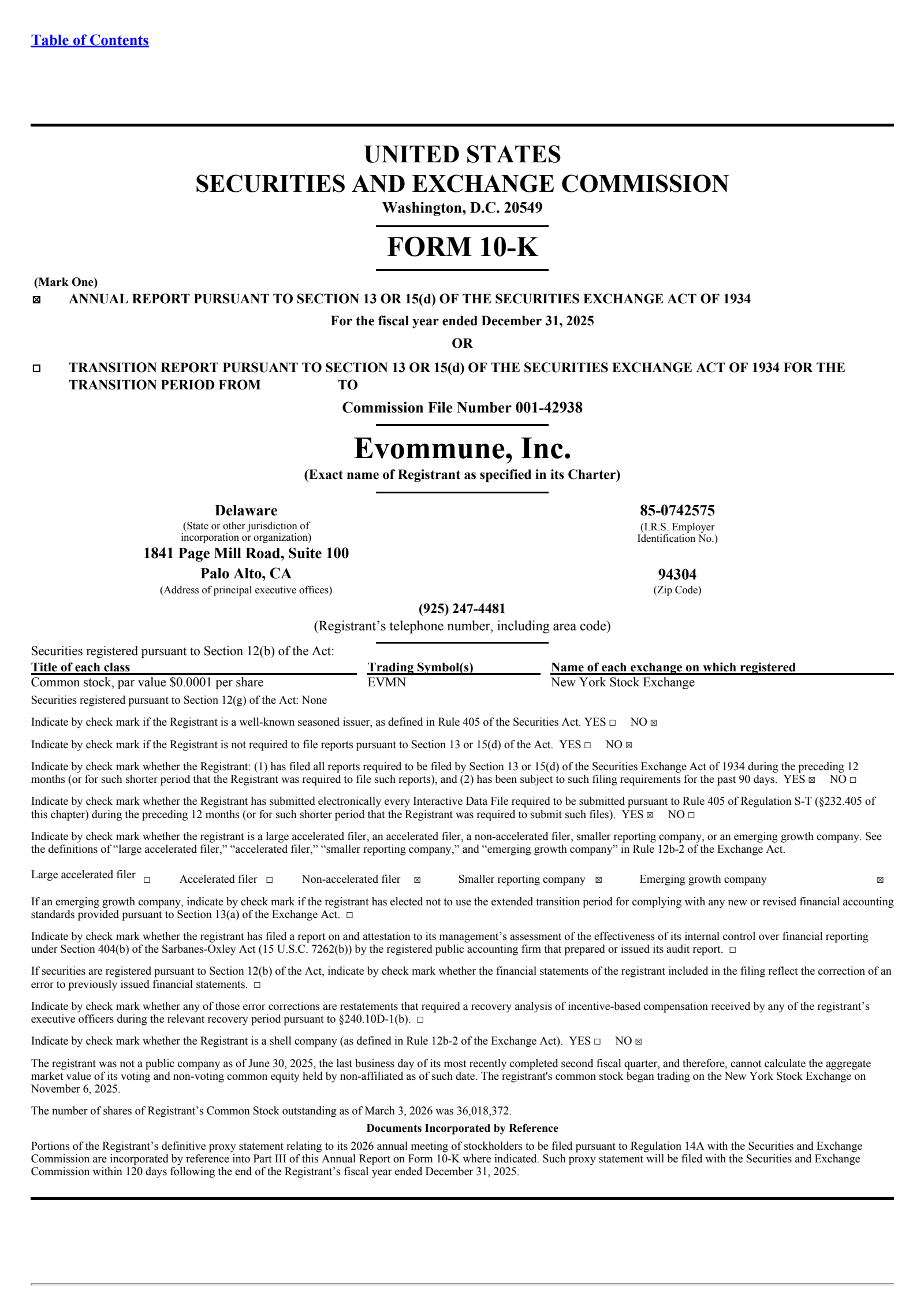 Evommune's Q4 2025 Annual report