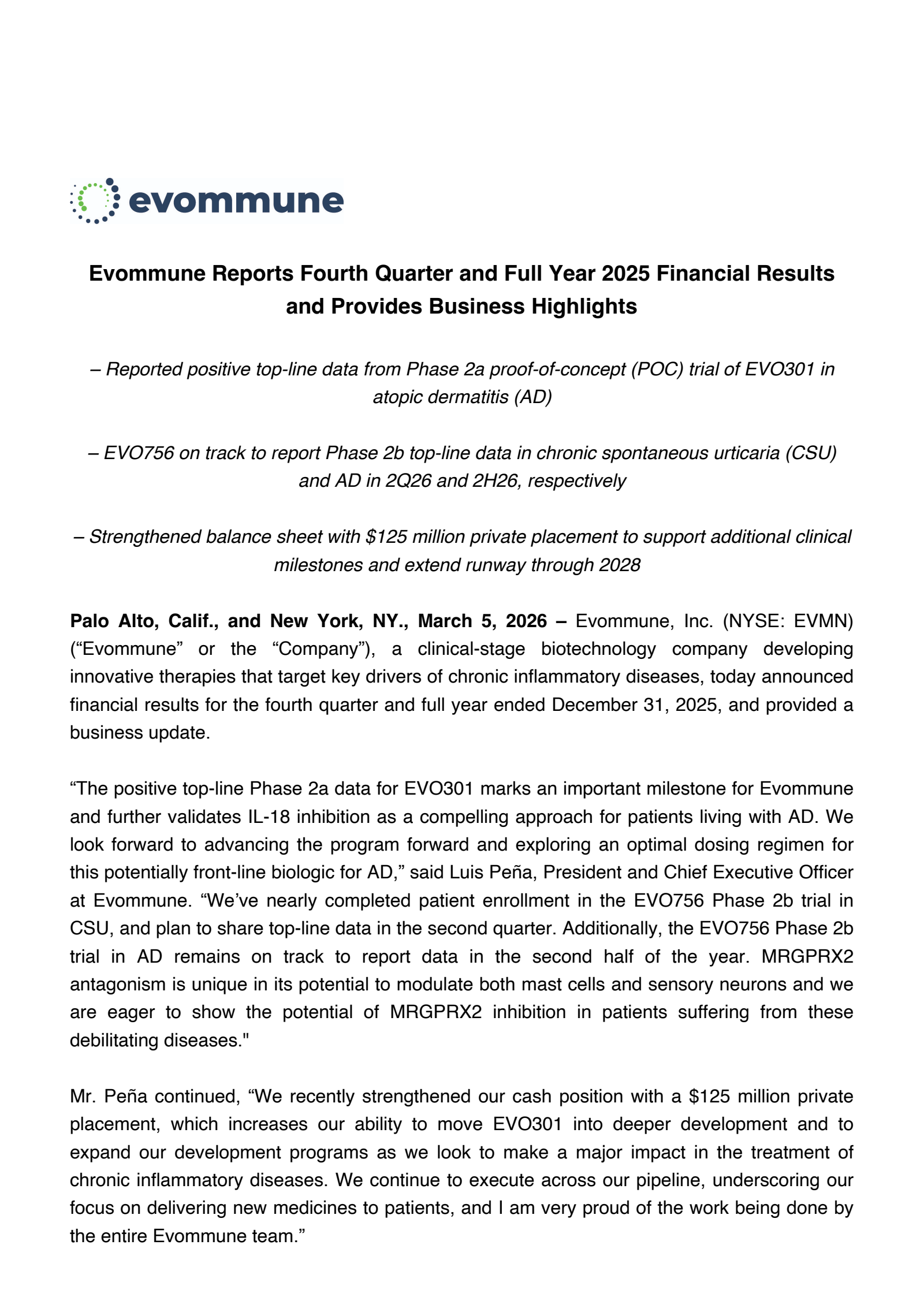 Evommune's Q4 2025 Press Release