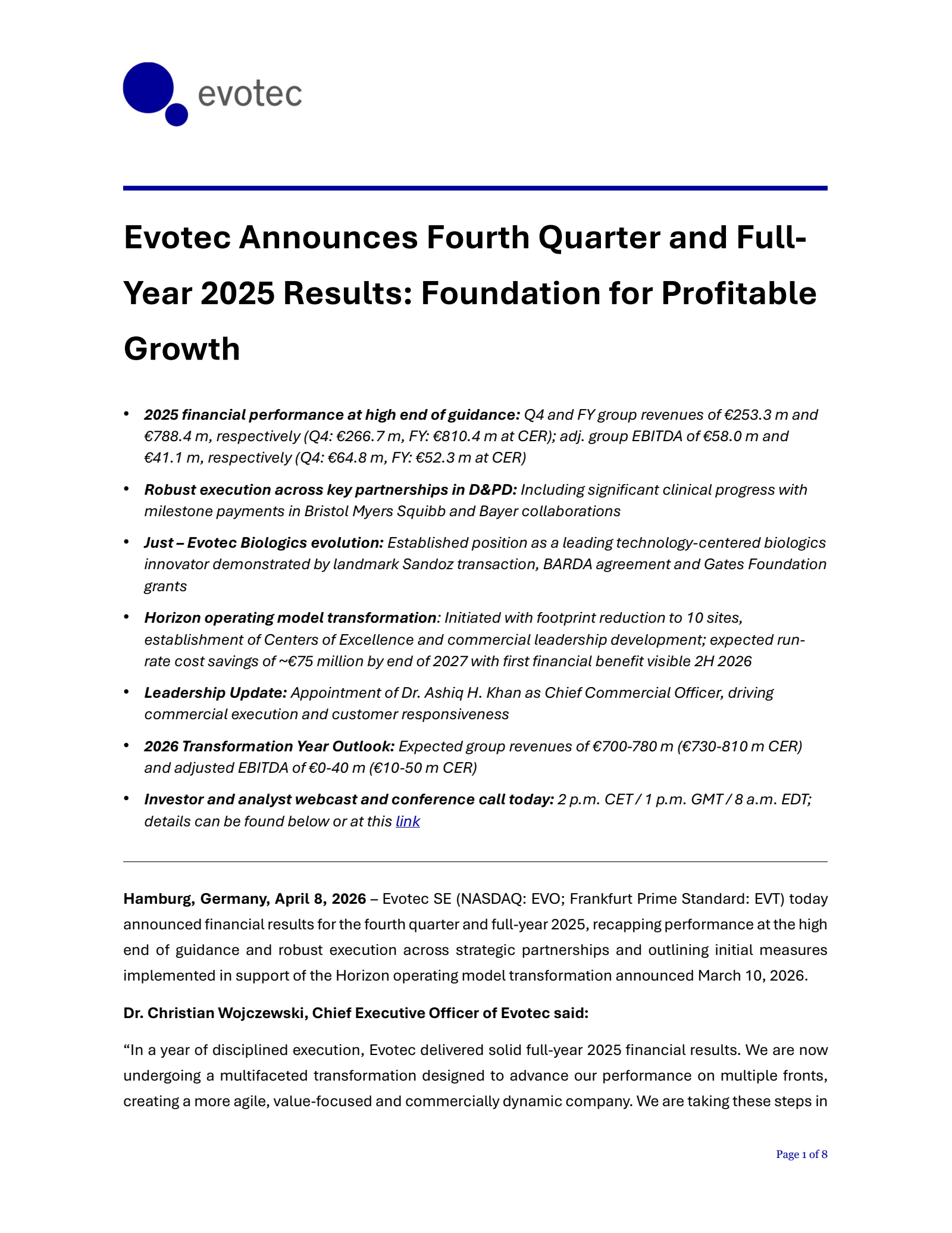 Evotec's Q4 2025 Press Release