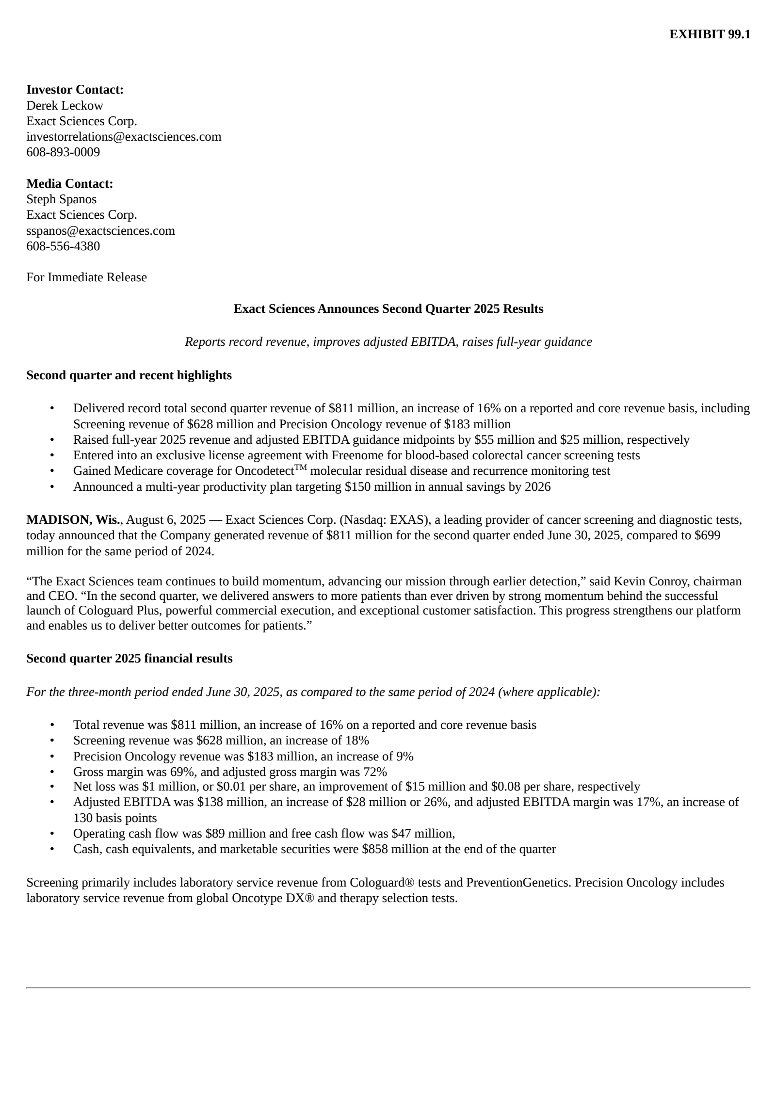 Exact Sciences' Q2 2025 Press Release