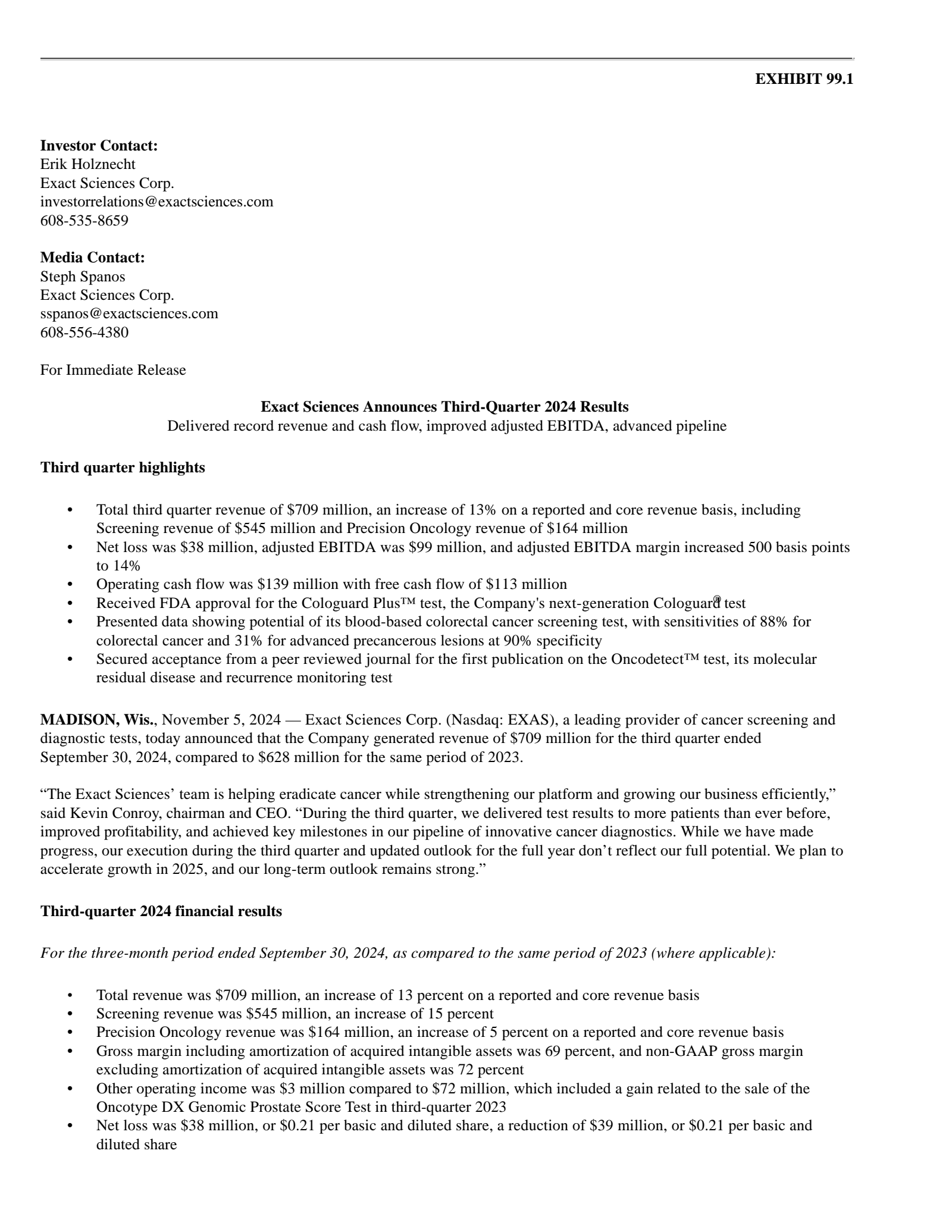 Exact Sciences' Q3 2024 Press Release