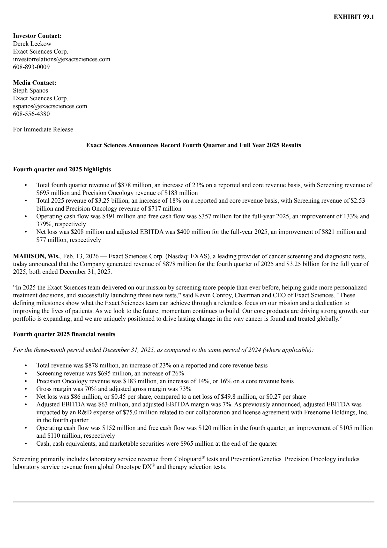 Exact Sciences' Q4 2025 Press Release