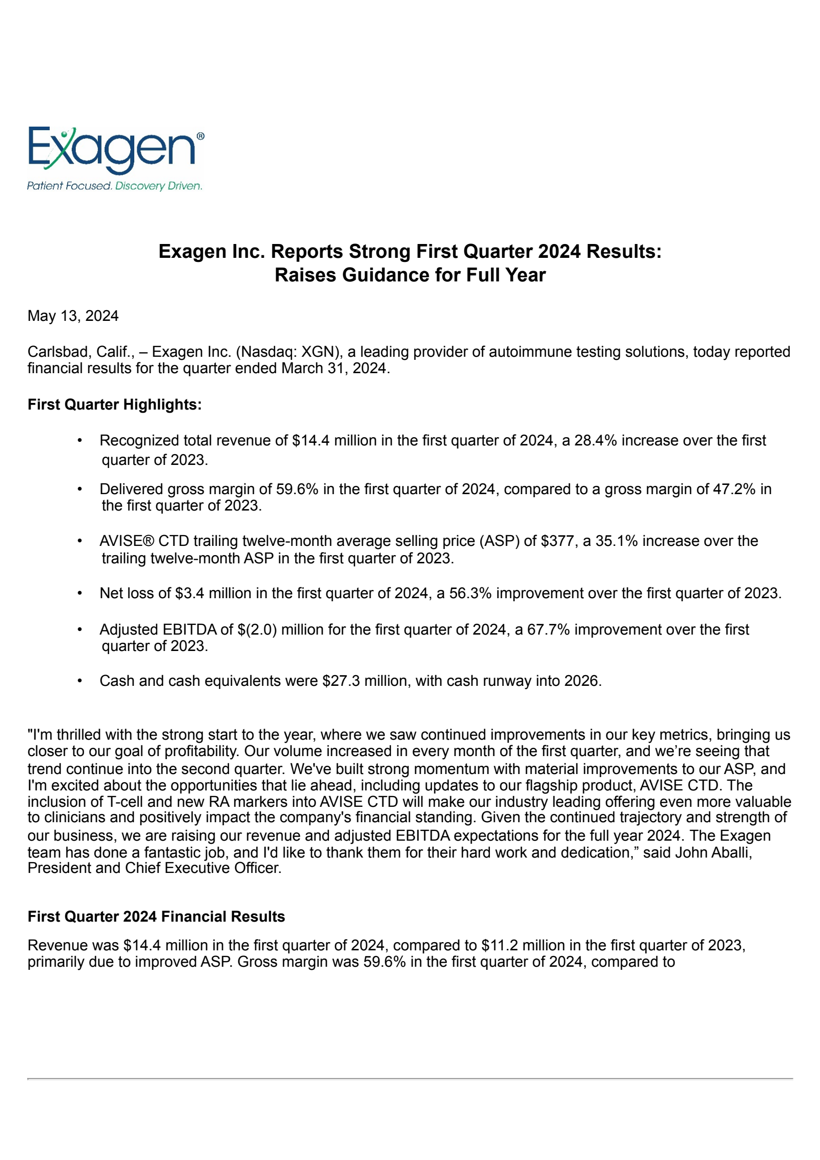 Exagen's Q1 2024 Press Release