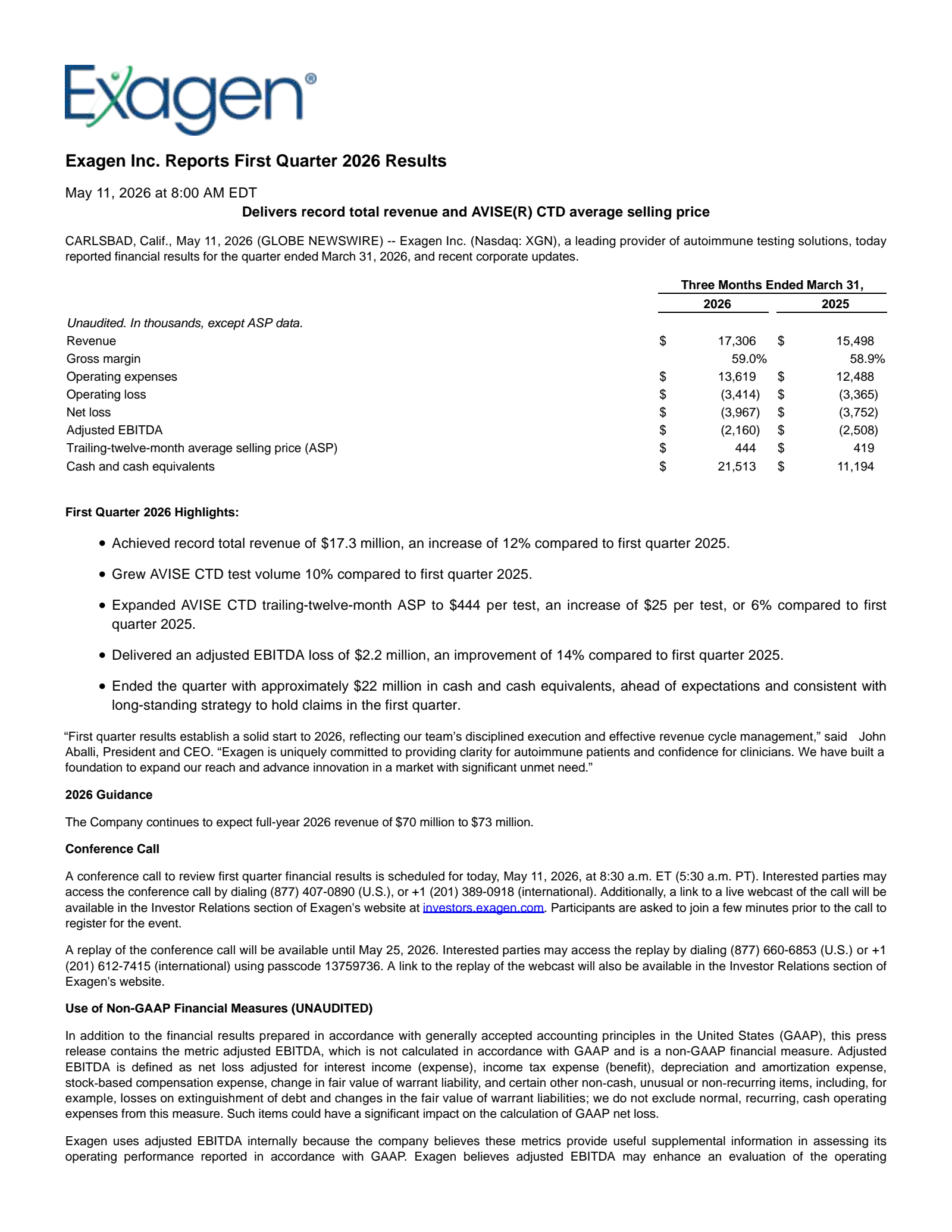 Exagen's Q1 2026 Press Release