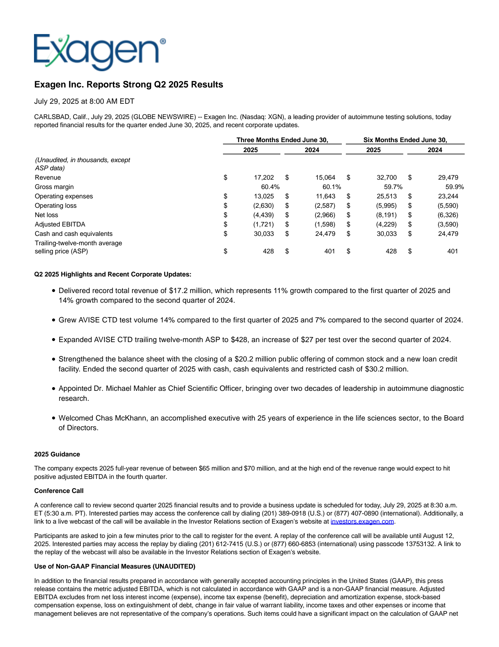 Exagen's Q2 2025 Press Release