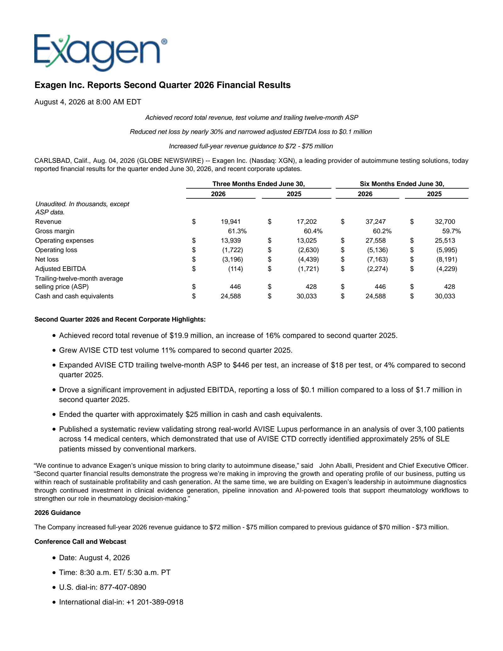 Exagen's Q2 2026 Press Release