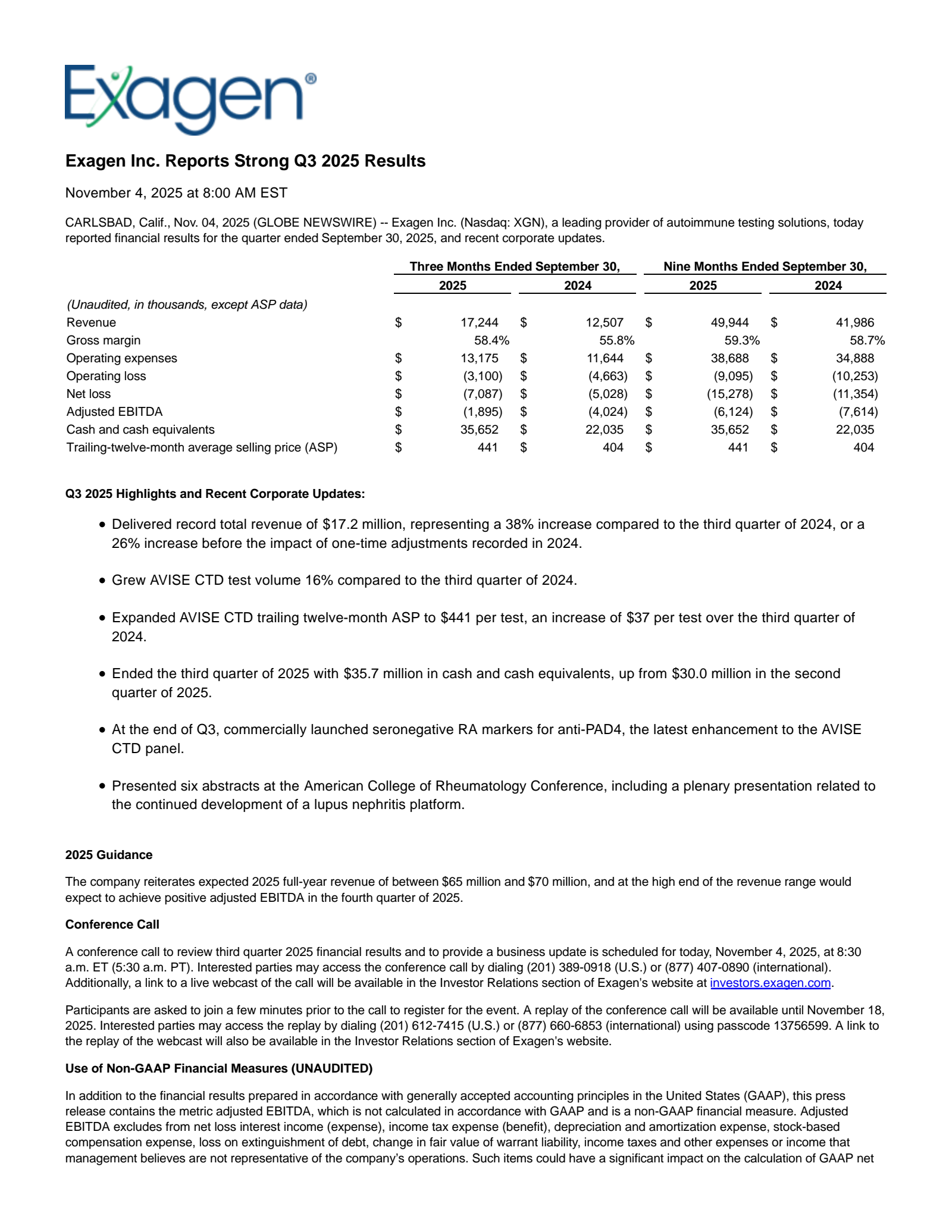 Exagen's Q3 2025 Earnings Release