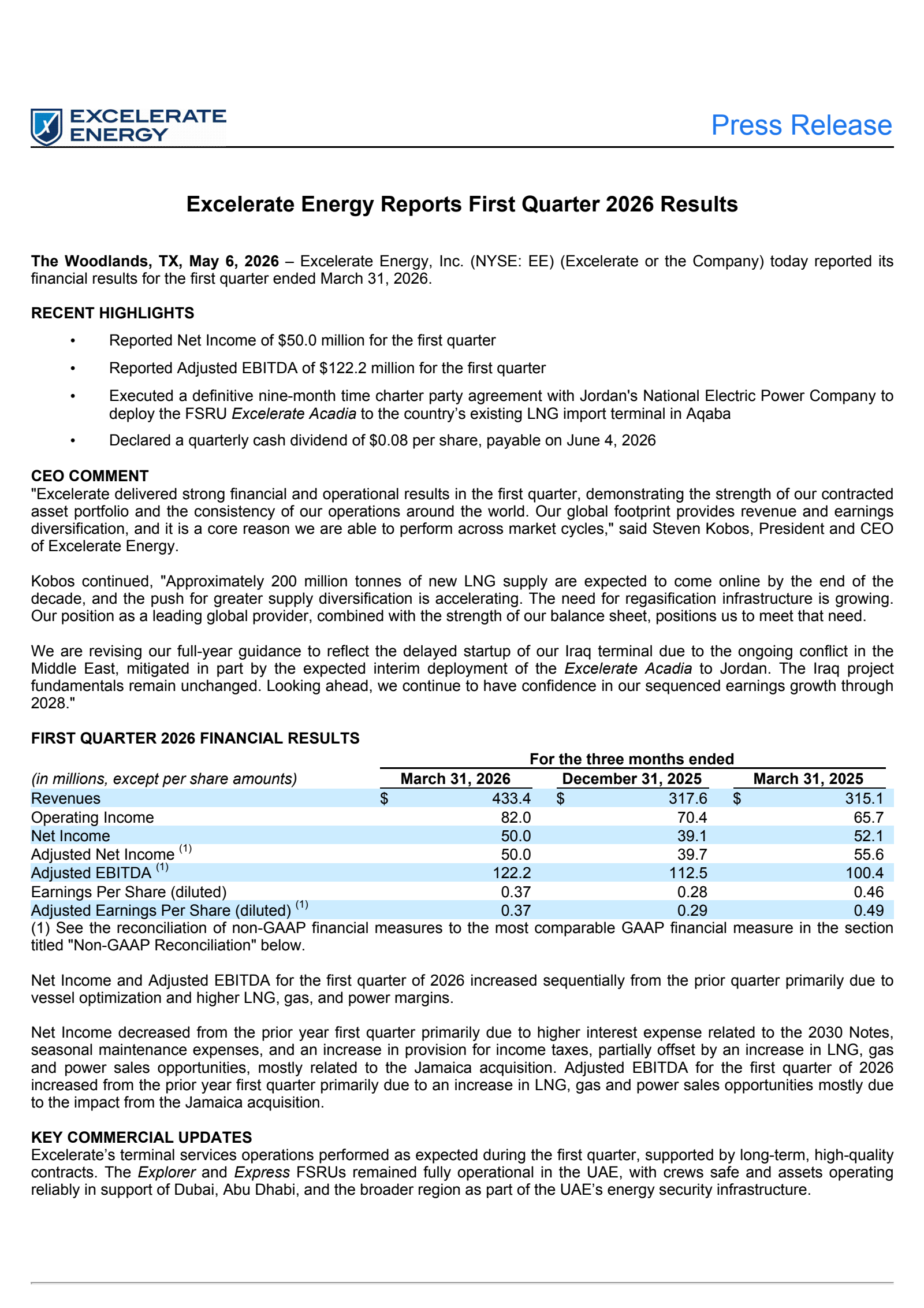 Excelerate Energy's Q1 2026 Press Release