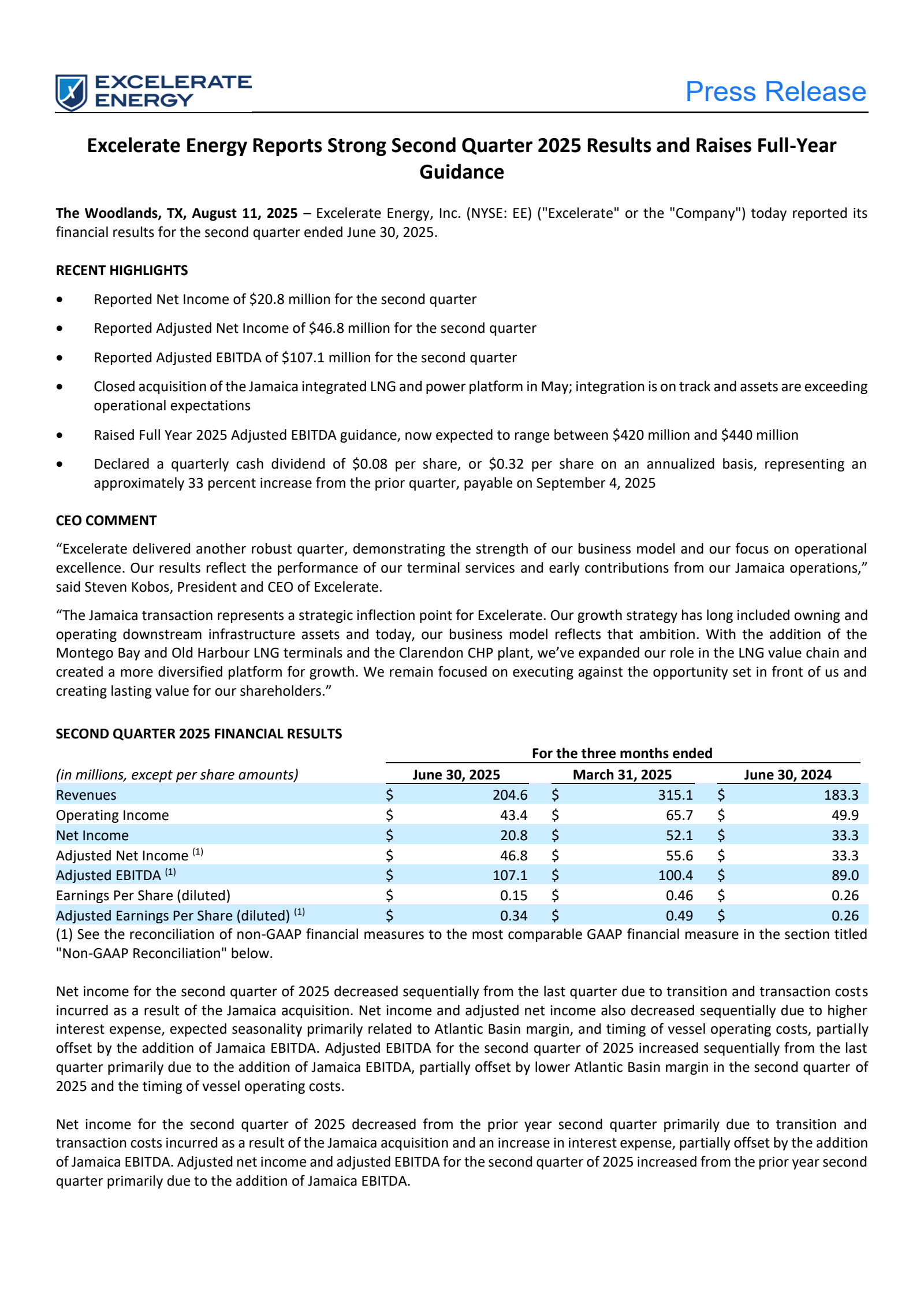 Excelerate Energy's Q2 2025 Press Release