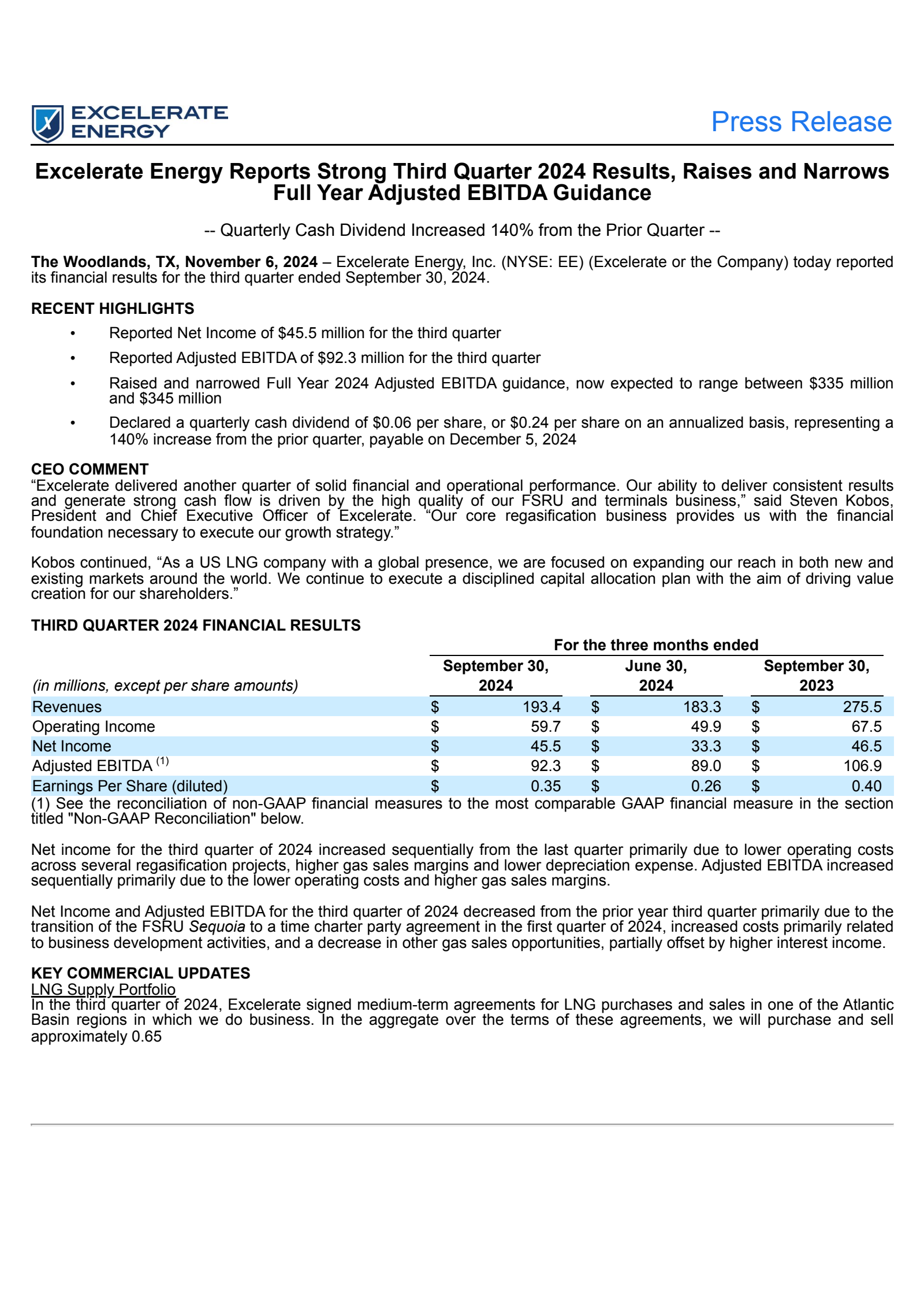 Excelerate Energy's Q3 2024 Press Release