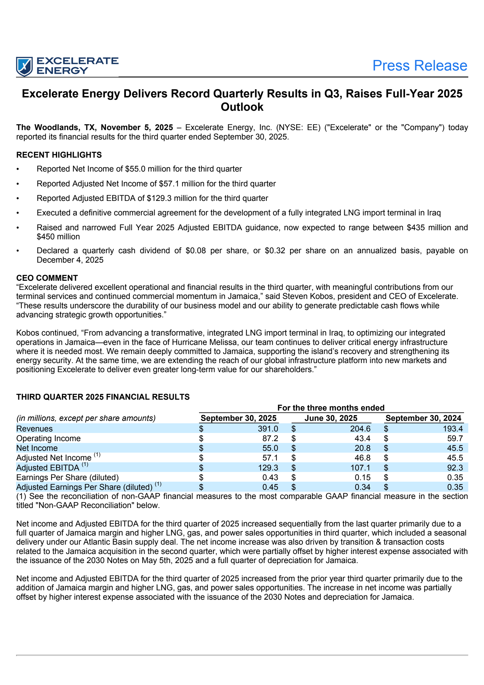 Excelerate Energy's Q3 2025 Earnings Release