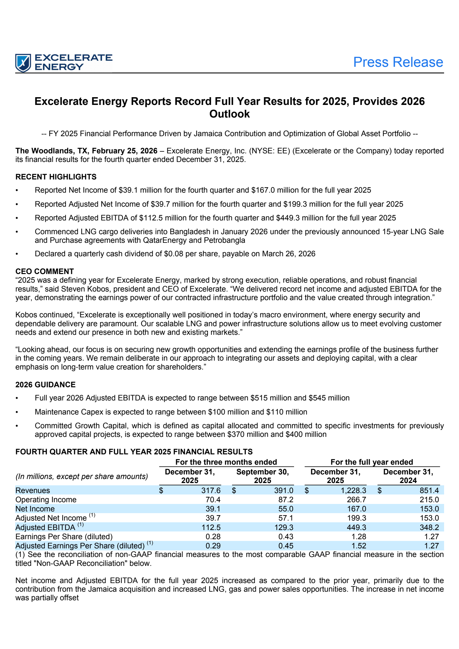 Excelerate Energy's Q4 2025 Press Release