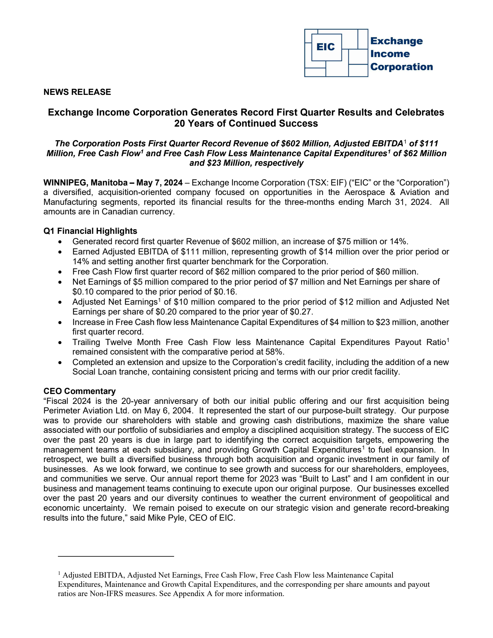 Exchange Income's Q1 2024 Interim report