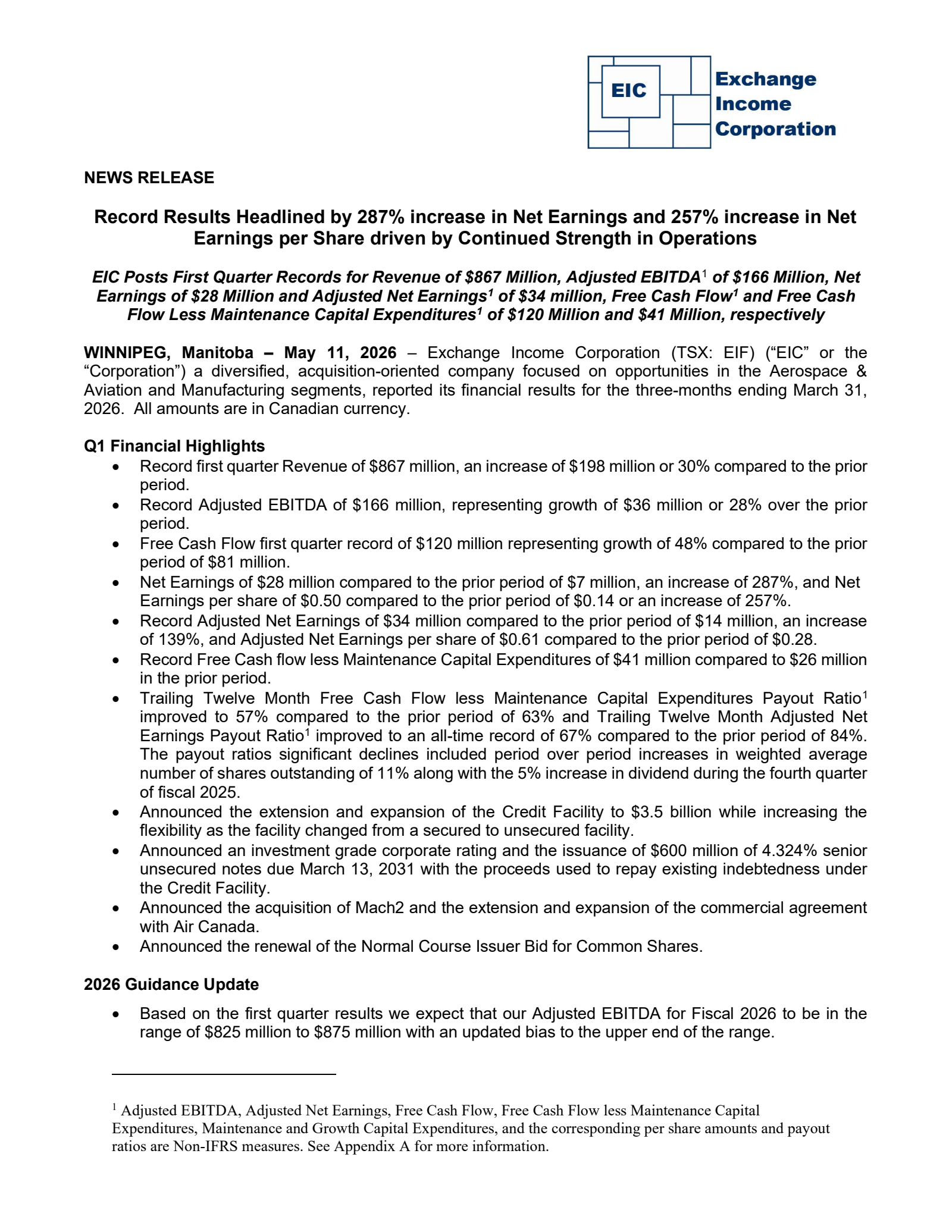 Exchange Income's Q1 2026 Press Release