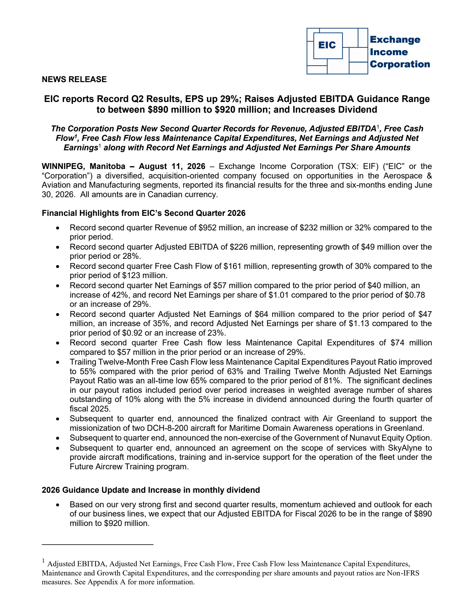 Exchange Income's Q2 2026 Press Release