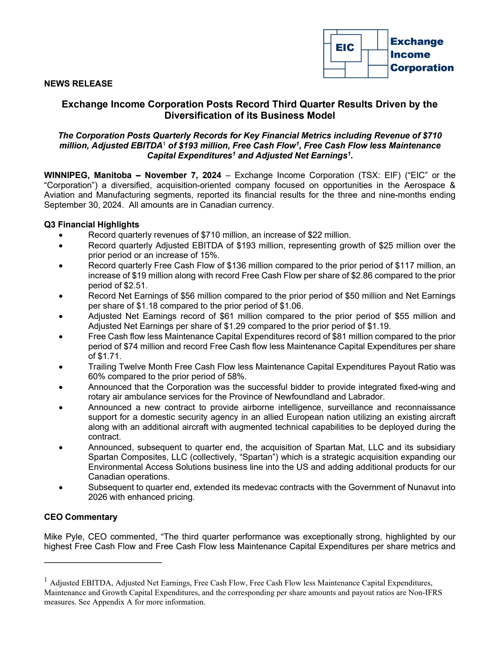 Exchange Income's Q3 2024 Press Release