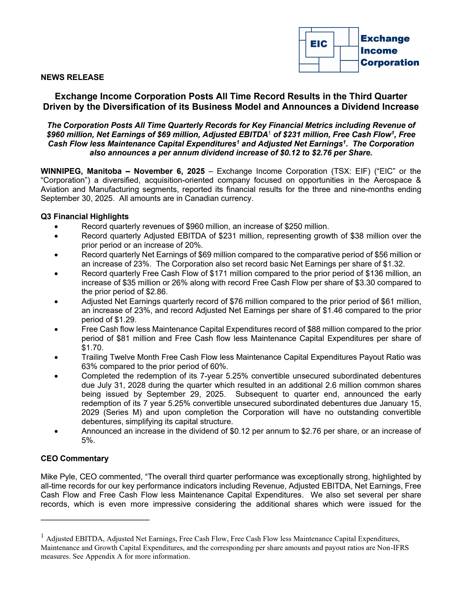 Exchange Income's Q3 2025 Earnings Release