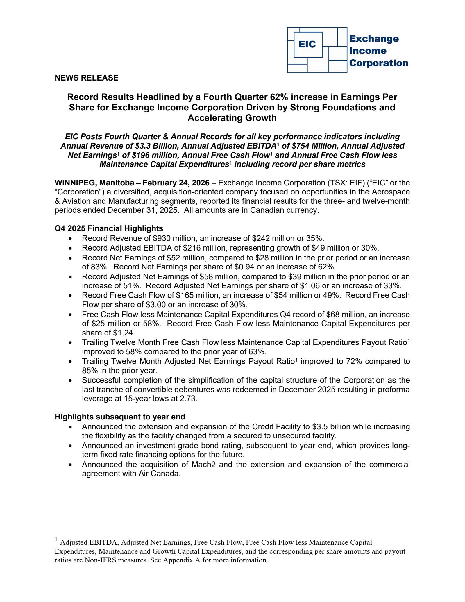 Exchange Income's Q4 2025 Press Release
