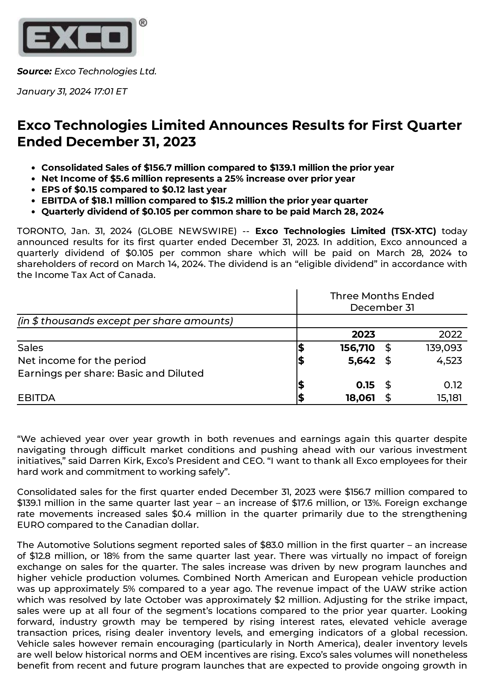 Exco Technologies' Q1 2024 Interim report