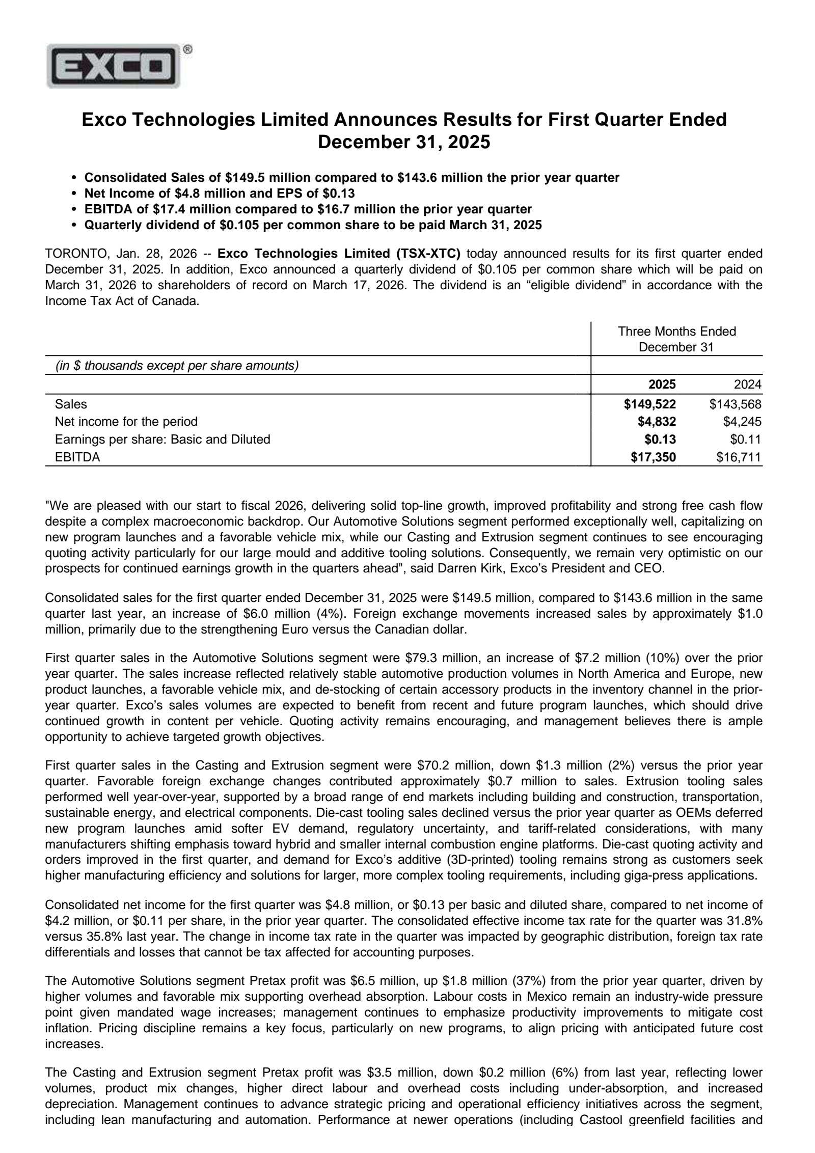Exco Technologies' Q1 2026 Press Release