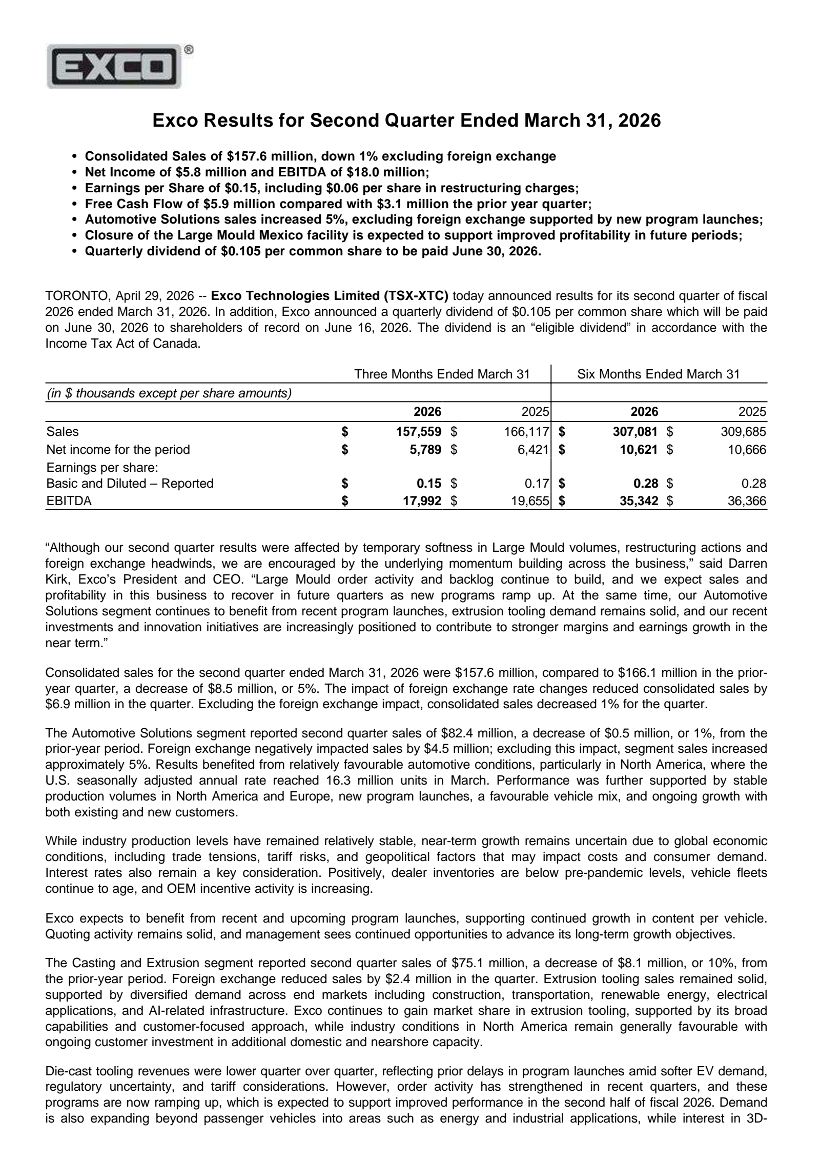 Exco Technologies' Q2 2026 Press Release