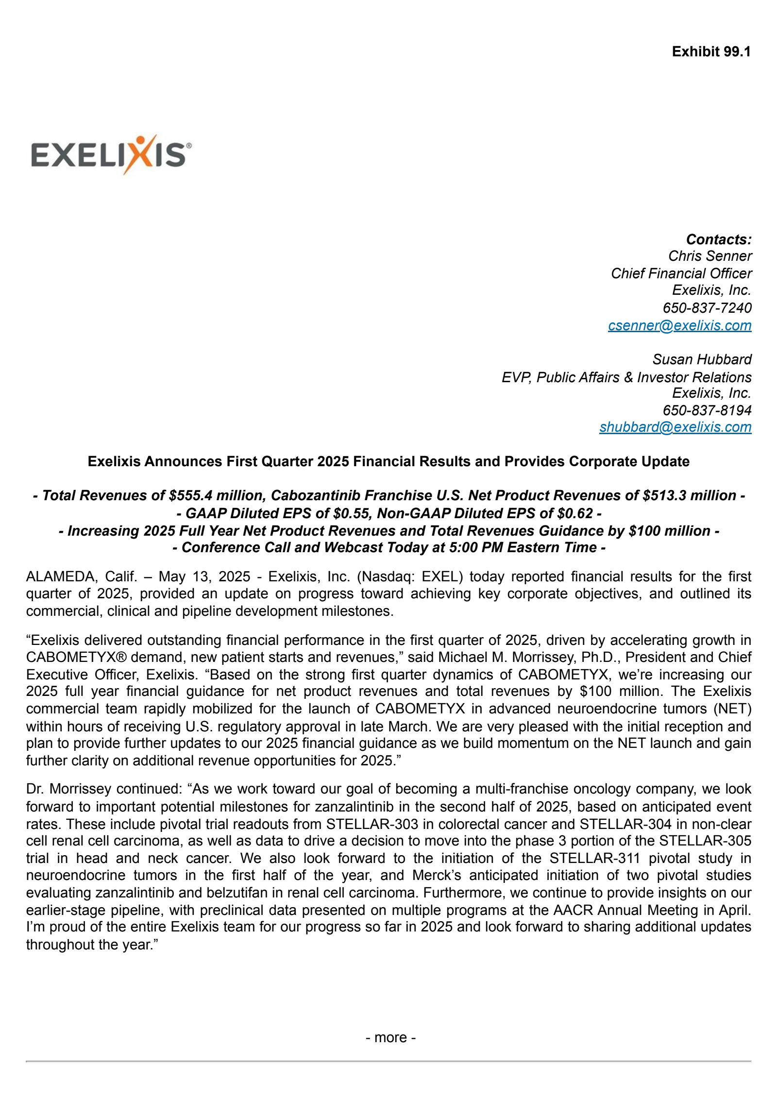 Exelixis' Q1 2025 Press Release